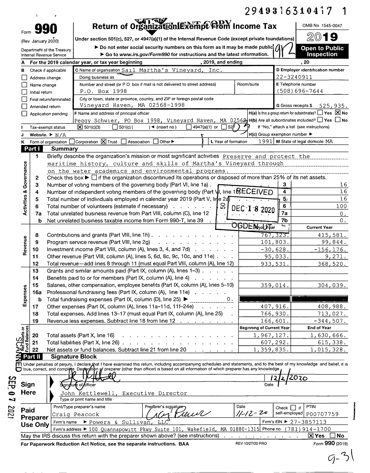 Image of first page of 2019 Form 990 for Sail Martha's Vineyard