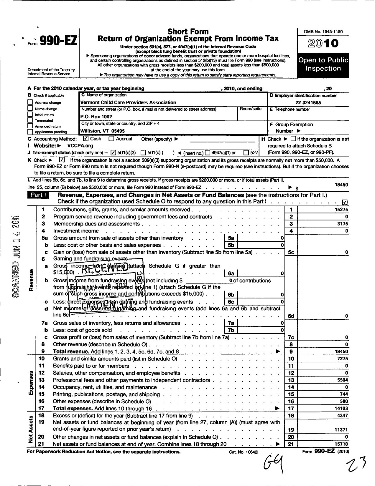 Image of first page of 2010 Form 990EZ for Vermont Child Care Providers Association