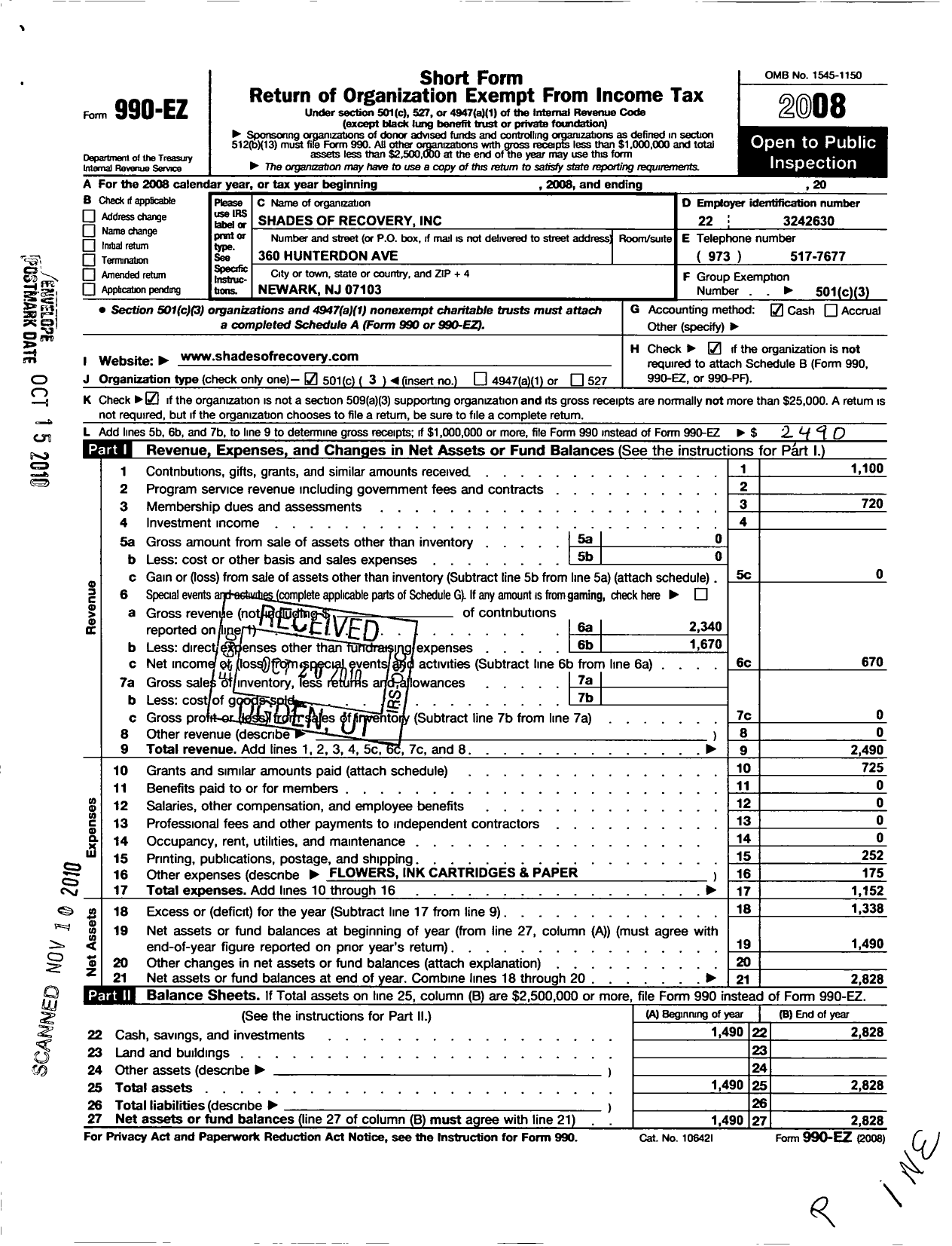 Image of first page of 2008 Form 990EZ for Shades of Recovery