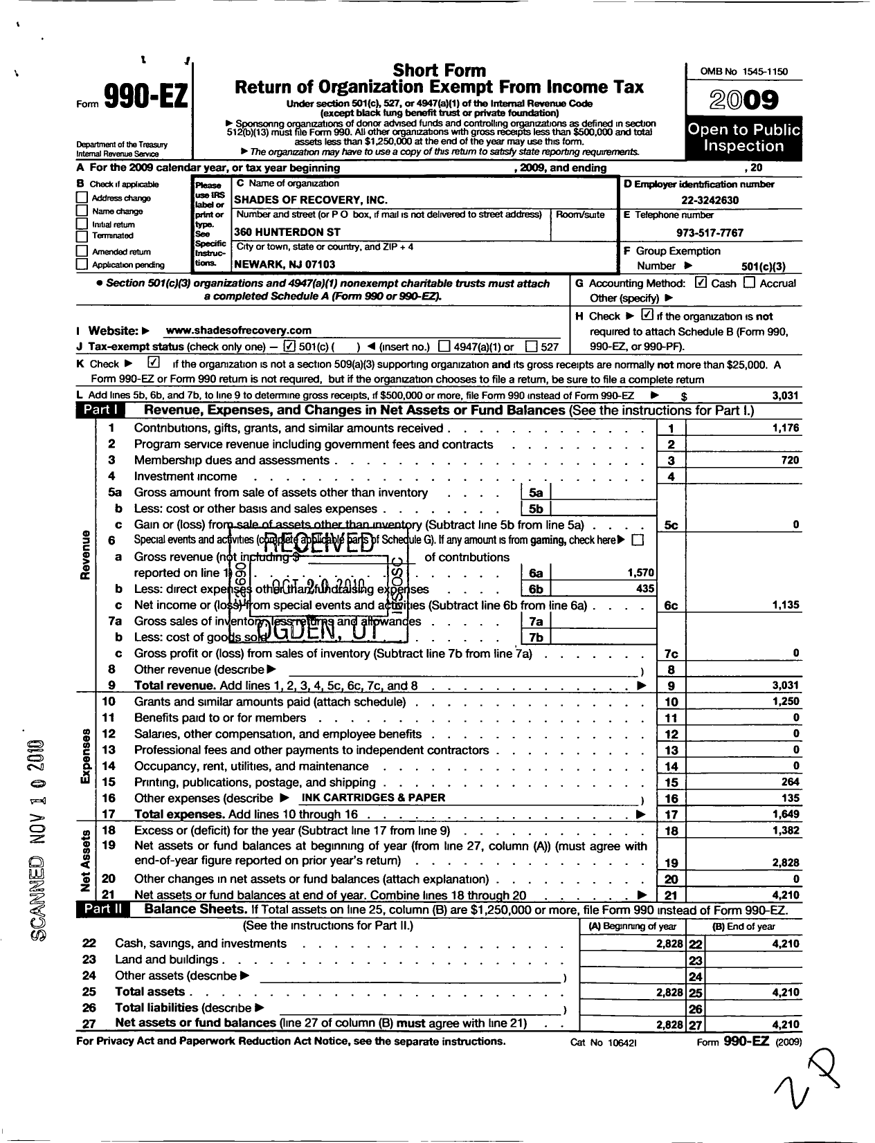 Image of first page of 2009 Form 990EO for Shades of Recovery