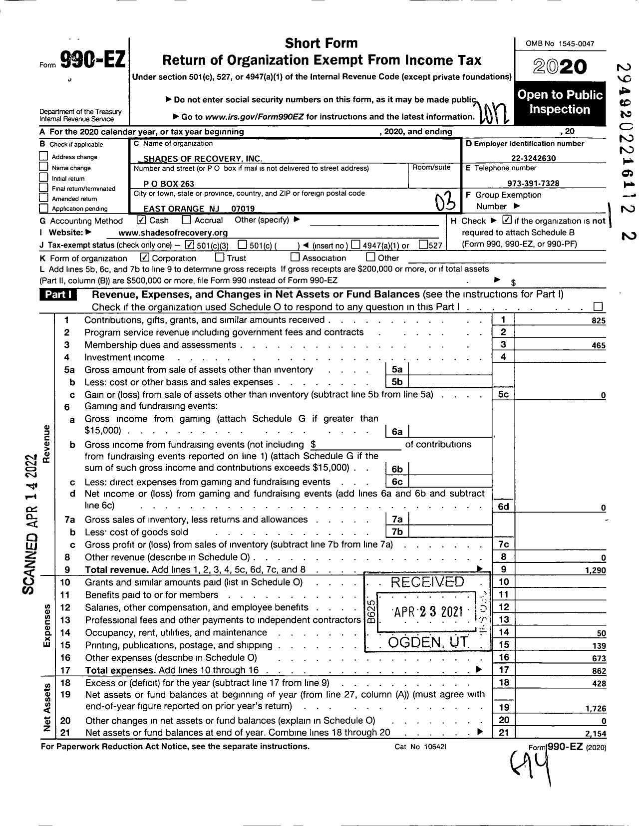 Image of first page of 2020 Form 990EZ for Shades of Recovery