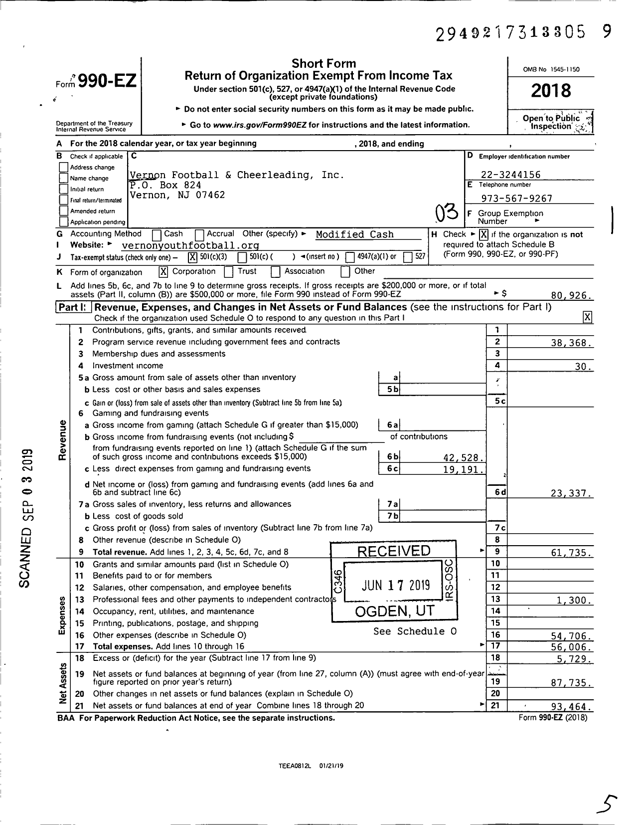 Image of first page of 2018 Form 990EZ for Vernon Youth Football and Cheerleading