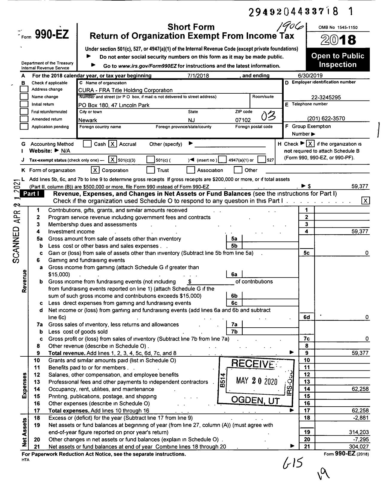 Image of first page of 2018 Form 990EZ for Cura-Fratitle Holding Corporation