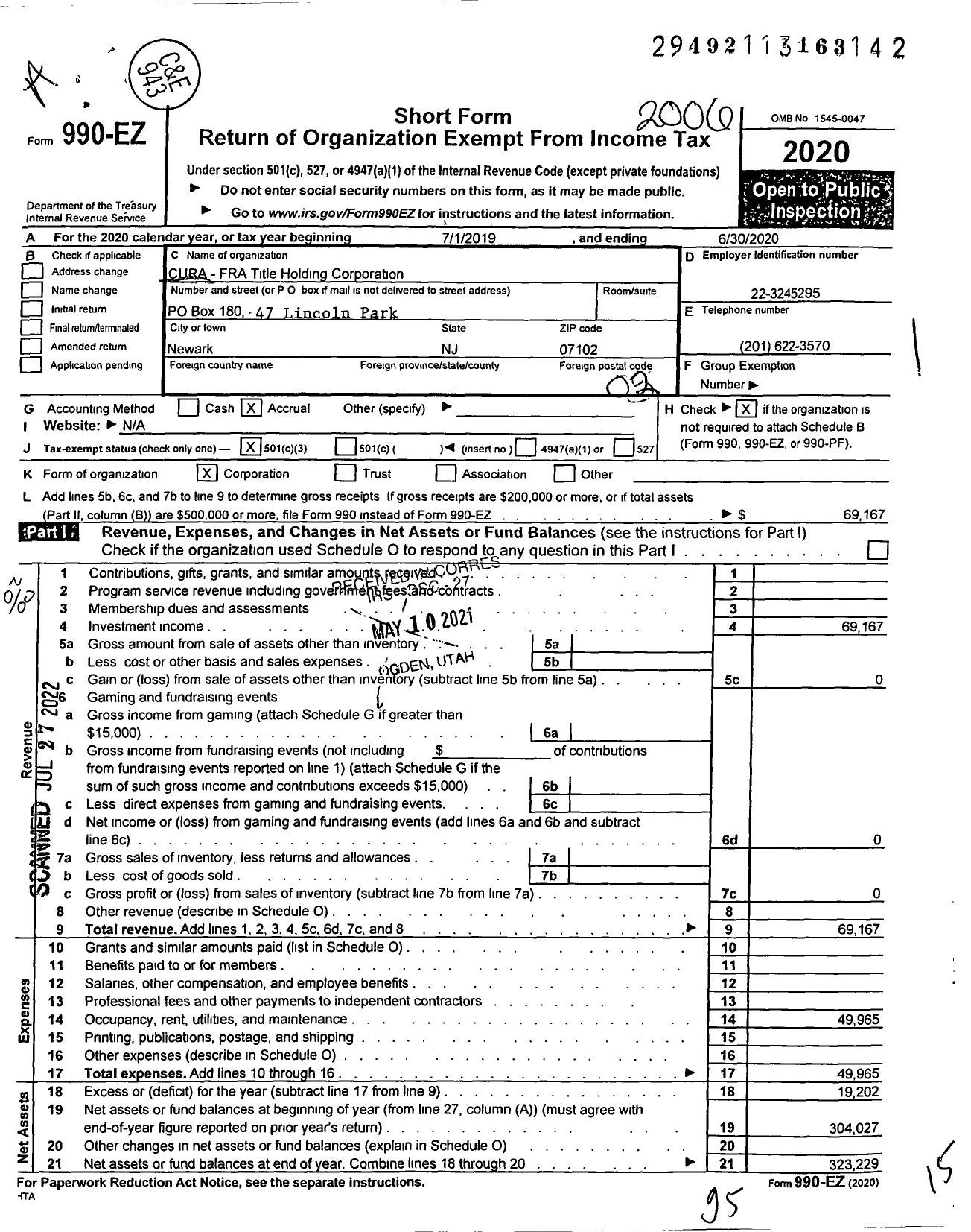 Image of first page of 2019 Form 990EO for Cura-Fratitle Holding Corporation