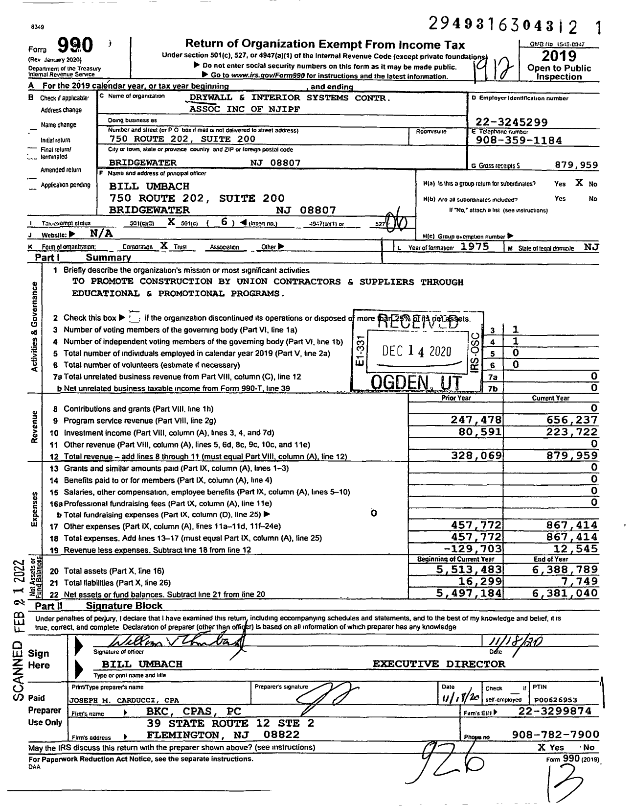 Image of first page of 2019 Form 990O for Drywall and Interior Systems Contr Association of Njipf