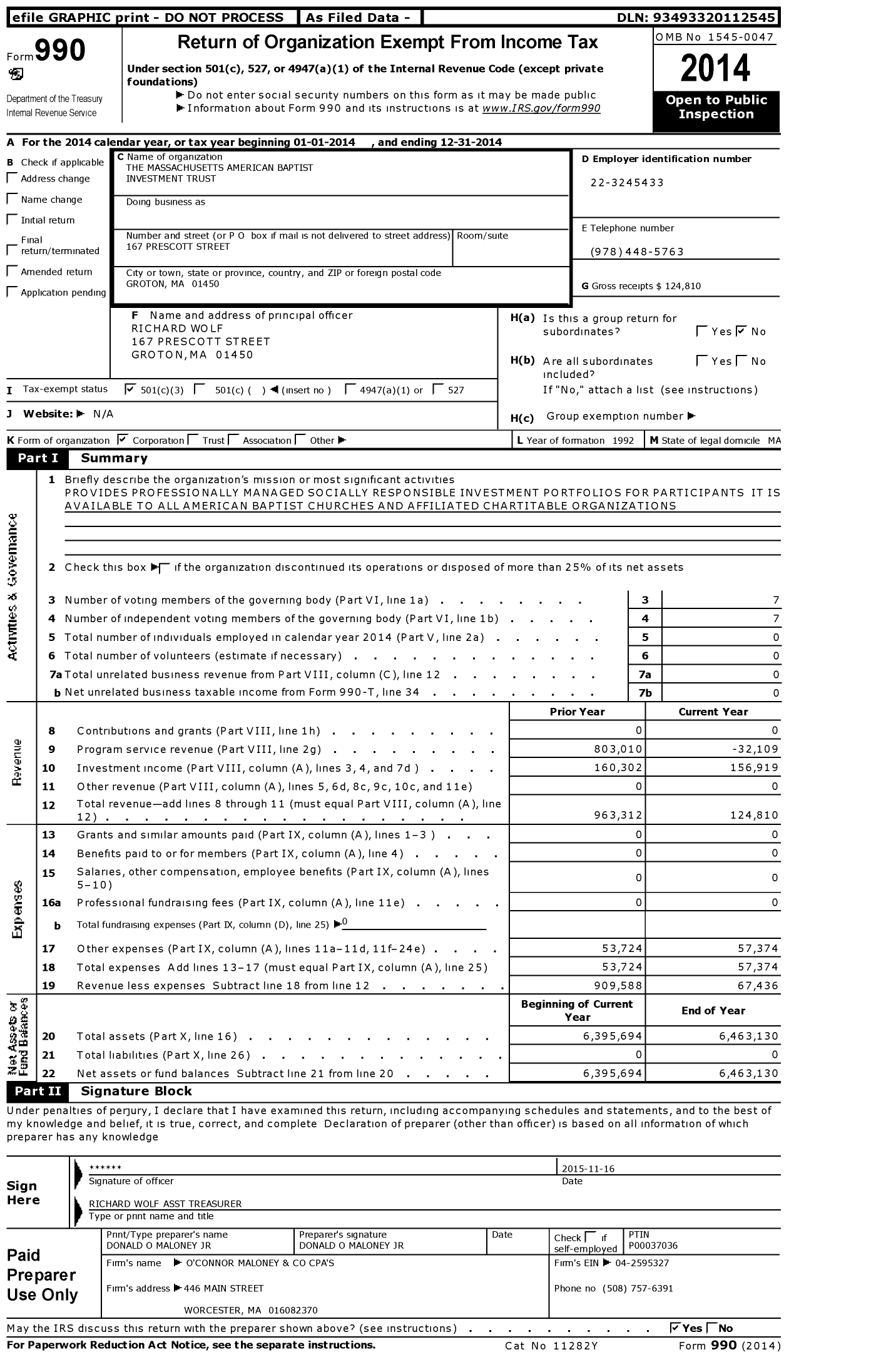 Image of first page of 2014 Form 990 for The Massachusetts American Baptist Investment Trust