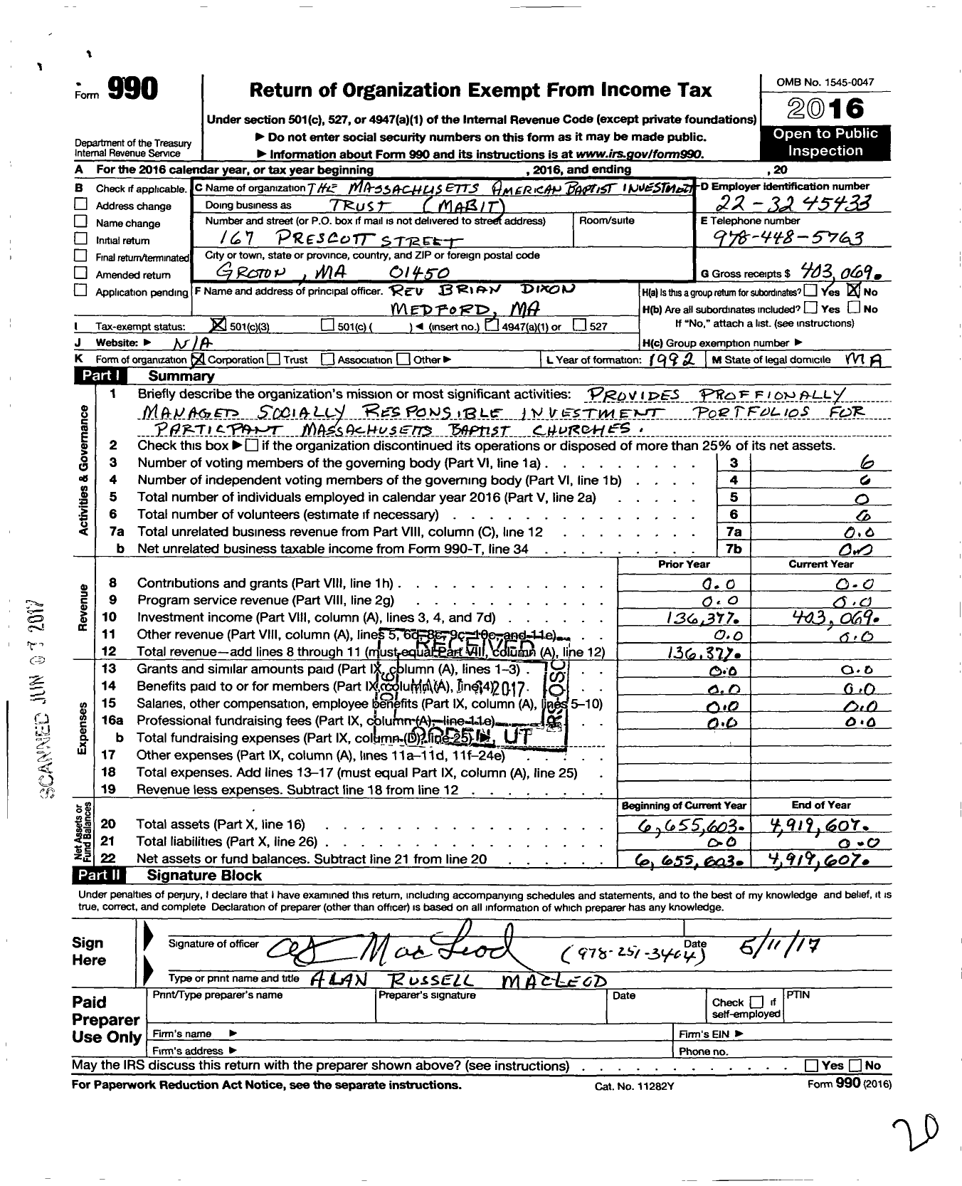 Image of first page of 2016 Form 990 for The Massachusetts American Baptist Investment Trust