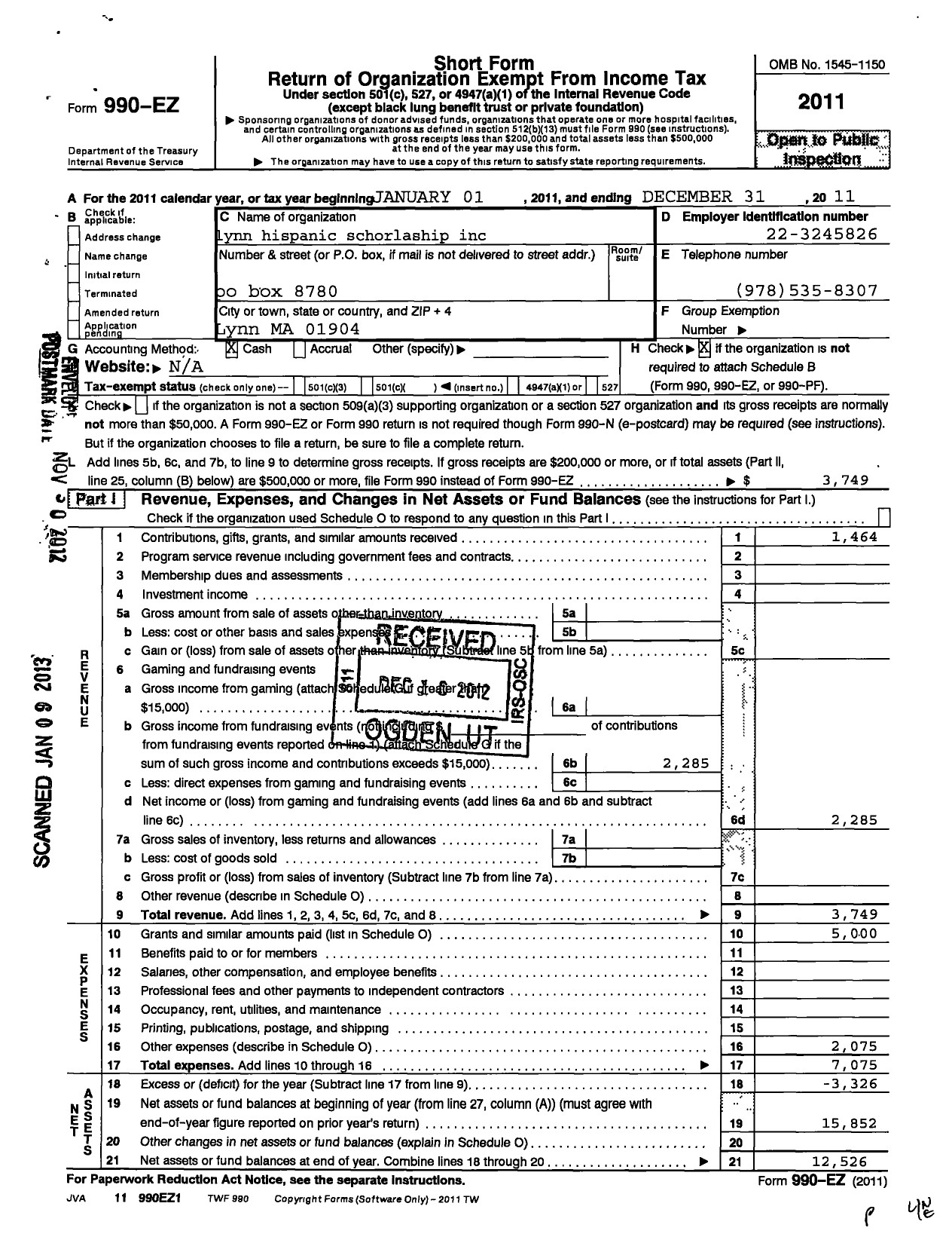 Image of first page of 2011 Form 990EO for Lynn Hispanic Scholarship Fund