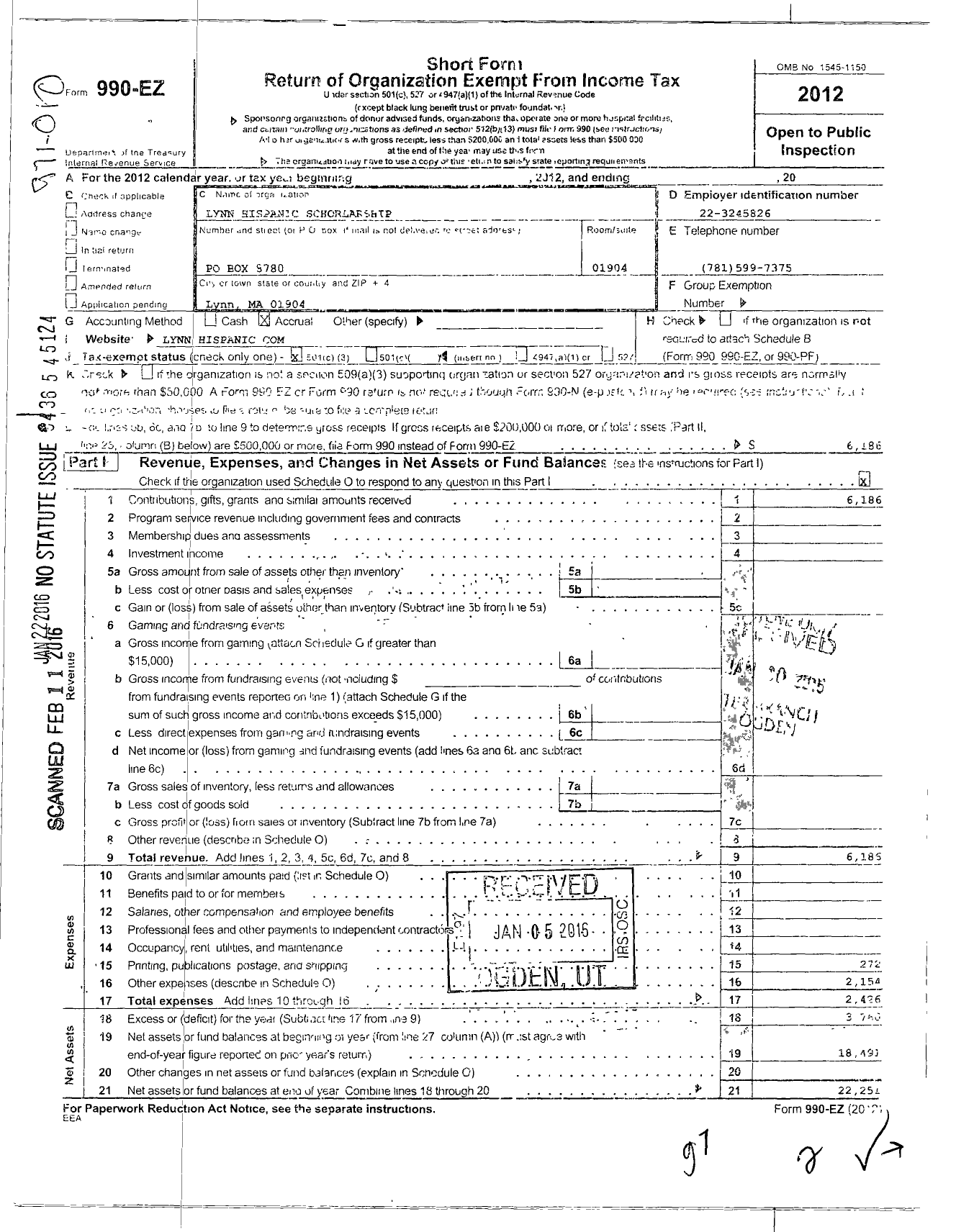 Image of first page of 2012 Form 990EZ for Lynn Hispanic Scholarship Fund