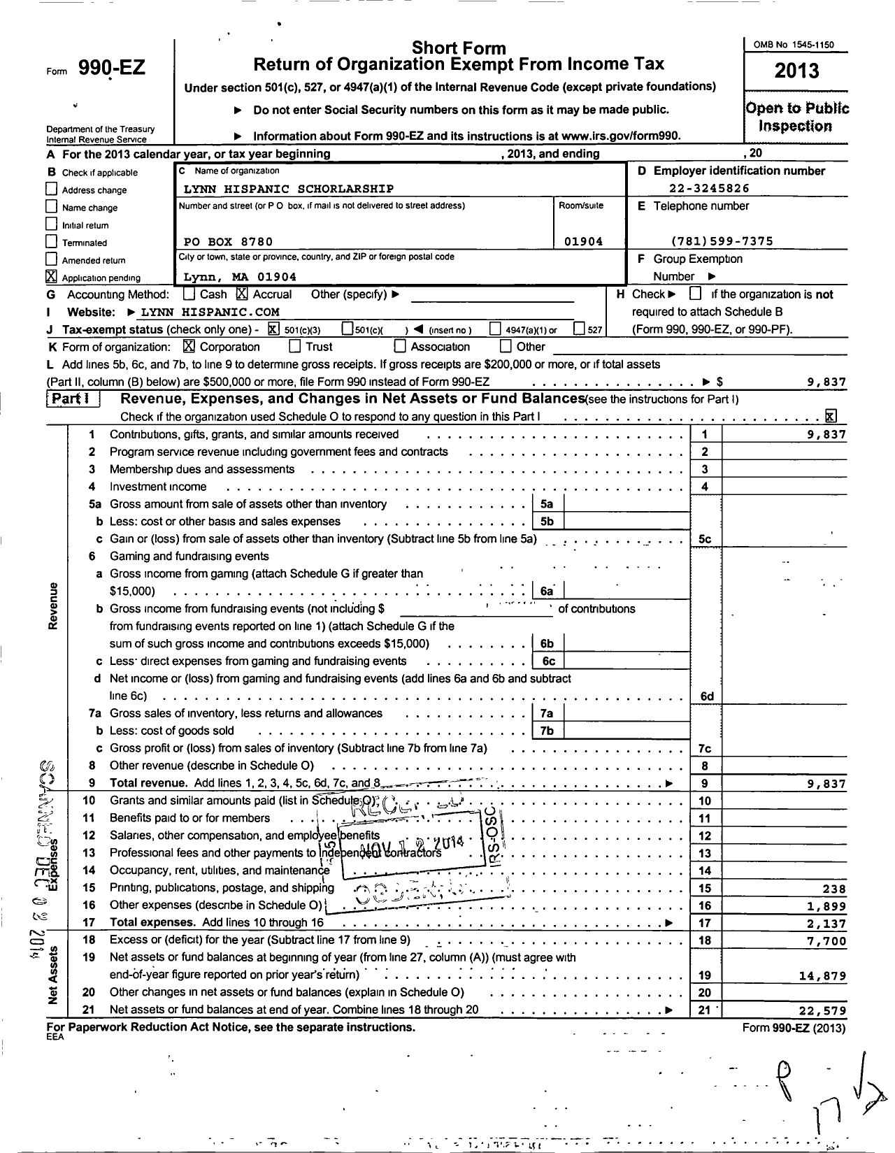 Image of first page of 2013 Form 990EZ for Lynn Hispanic Scholarship Fund