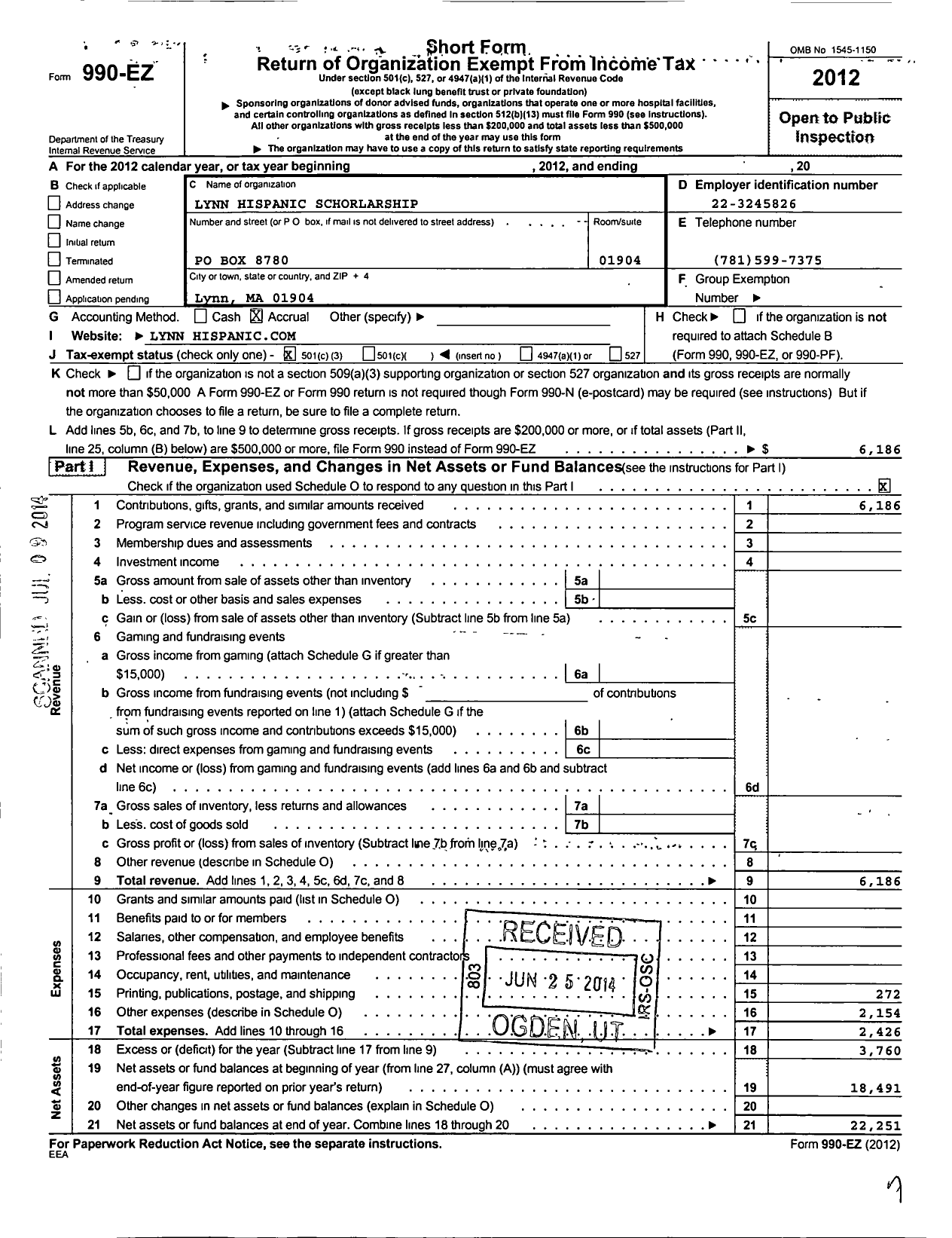 Image of first page of 2012 Form 990EZ for Lynn Hispanic Scholarship Fund