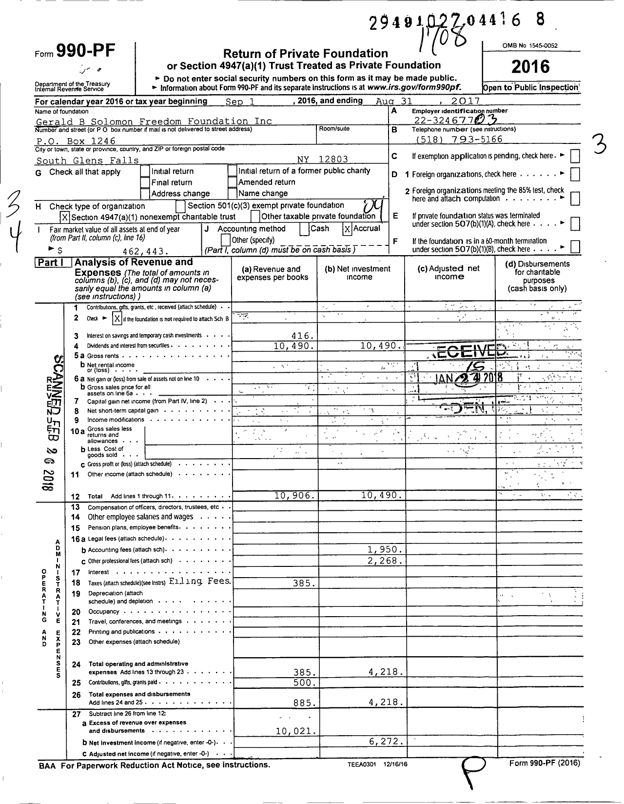 Image of first page of 2016 Form 990PF for Gerald B Solomon Freedom Foundation