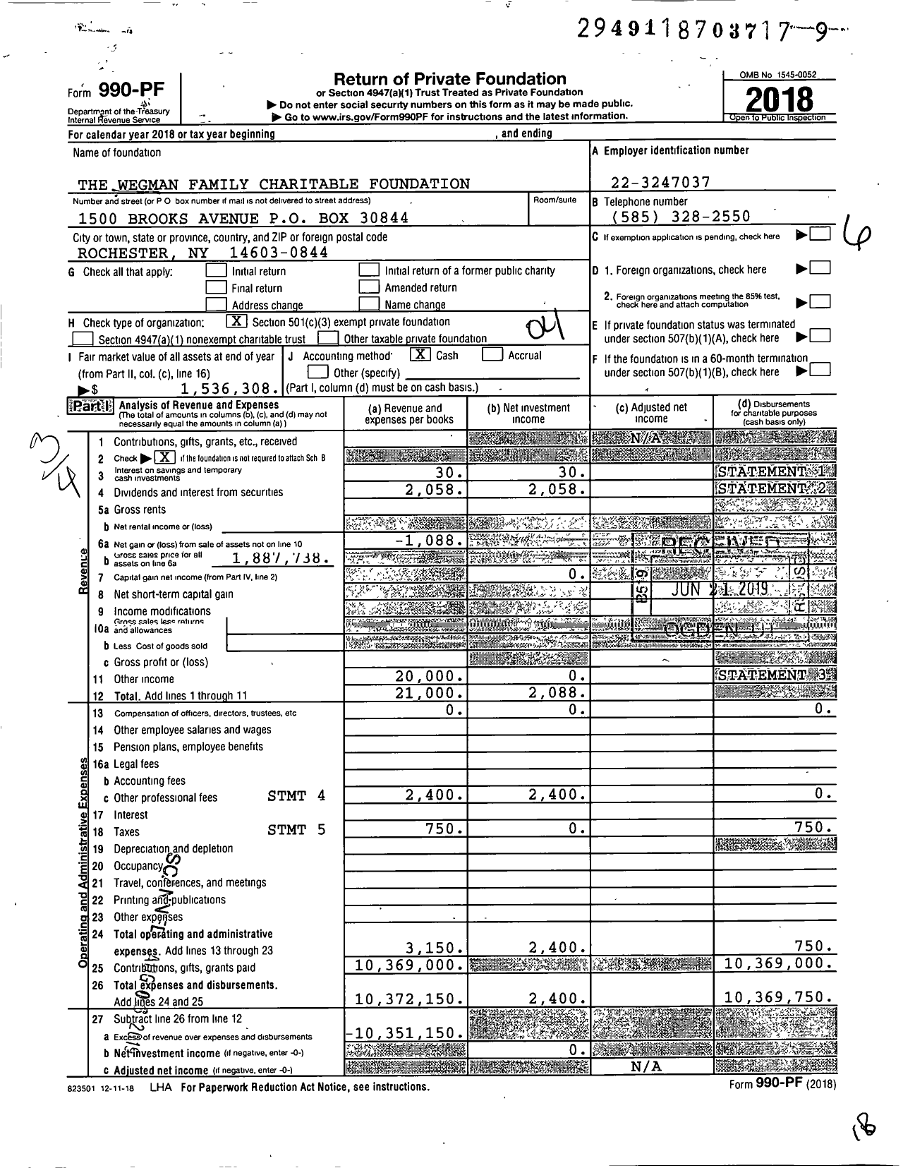 Image of first page of 2018 Form 990PF for Wegman Family Charitable Foundation