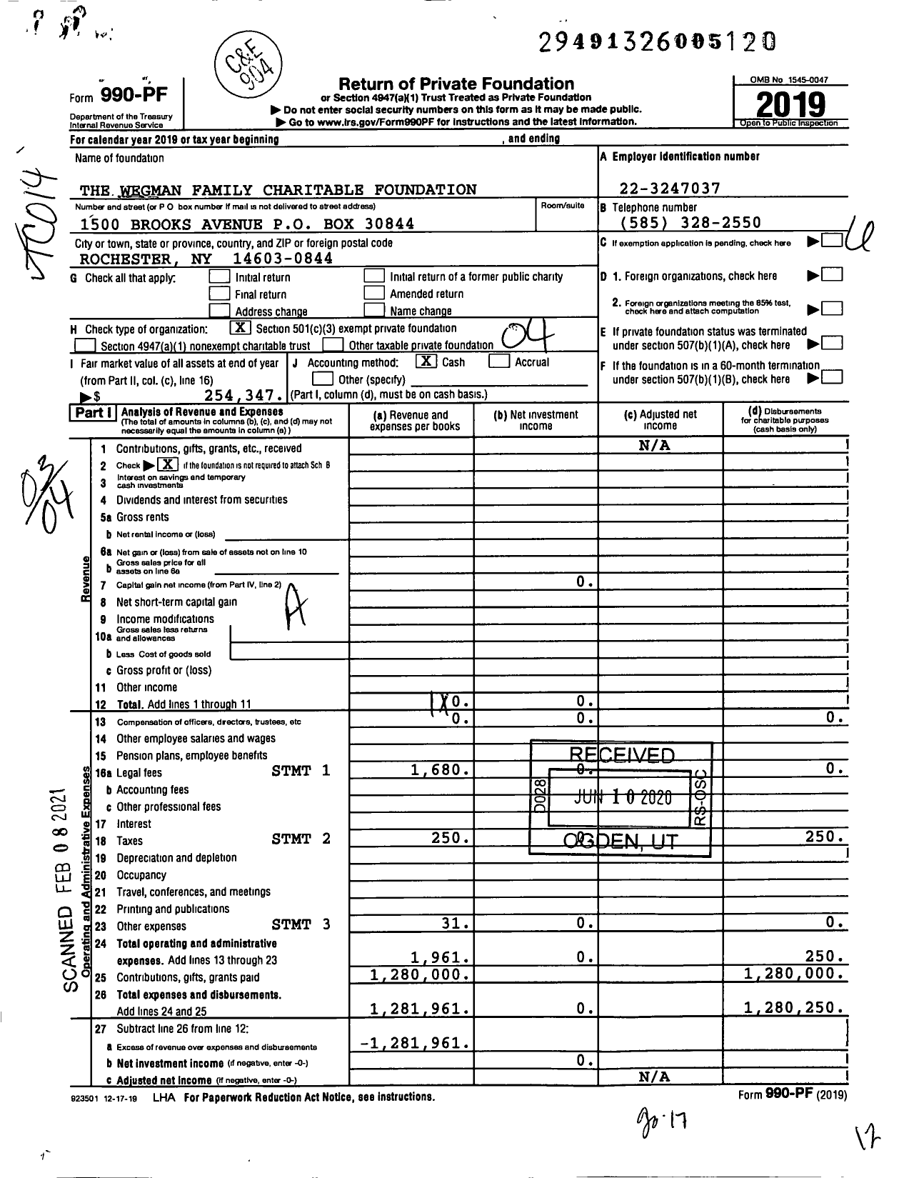 Image of first page of 2019 Form 990PF for Wegman Family Charitable Foundation