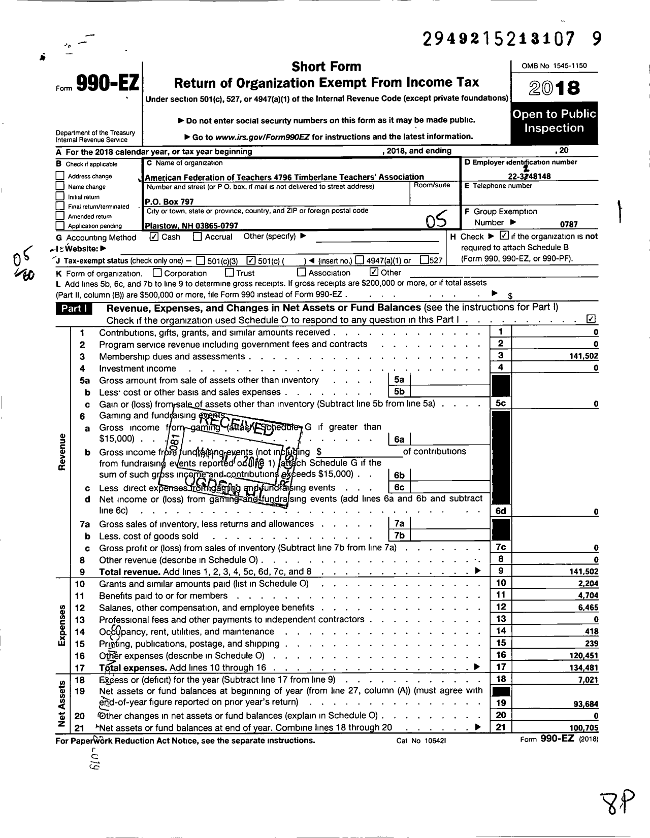 Image of first page of 2018 Form 990EO for Timberlane Teachers Association