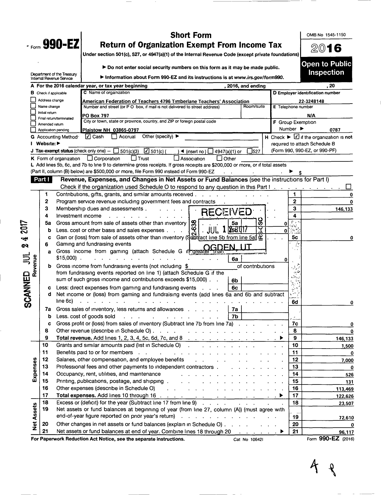 Image of first page of 2016 Form 990EO for Timberlane Teachers Association