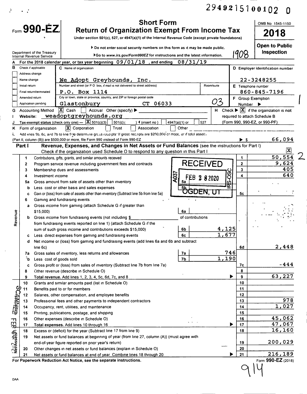 Image of first page of 2018 Form 990EZ for We Adopt Greyhounds (WAG)