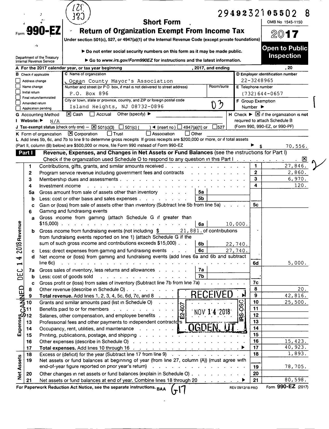 Image of first page of 2017 Form 990EZ for Ocean County Mayor's Association