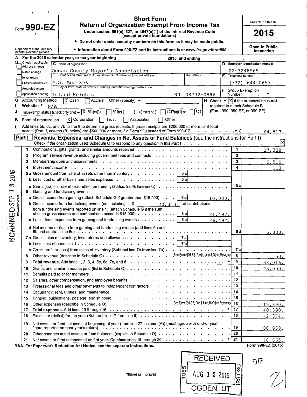 Image of first page of 2015 Form 990EZ for Ocean County Mayor's Association