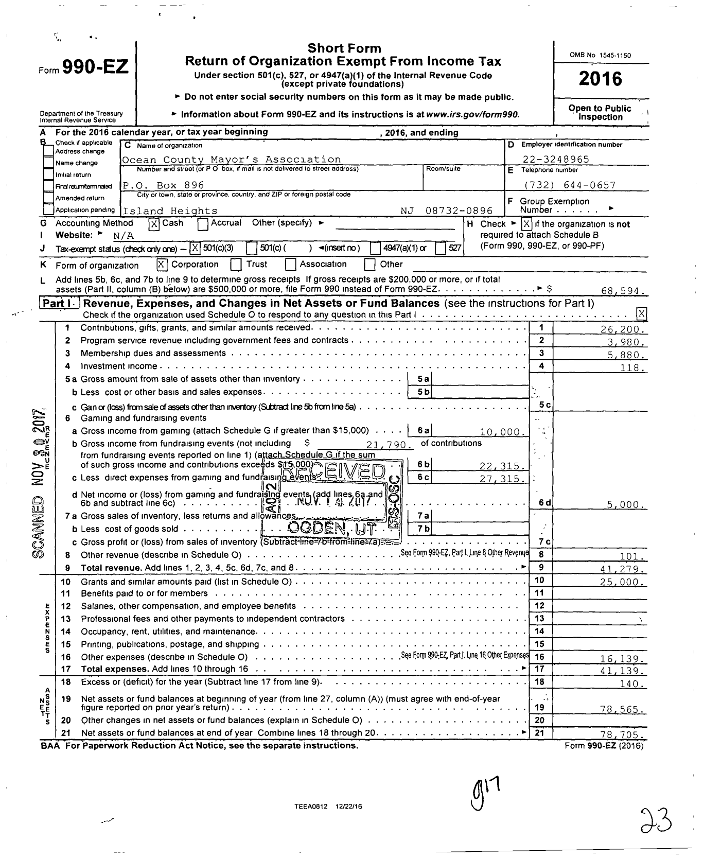 Image of first page of 2016 Form 990EZ for Ocean County Mayor's Association