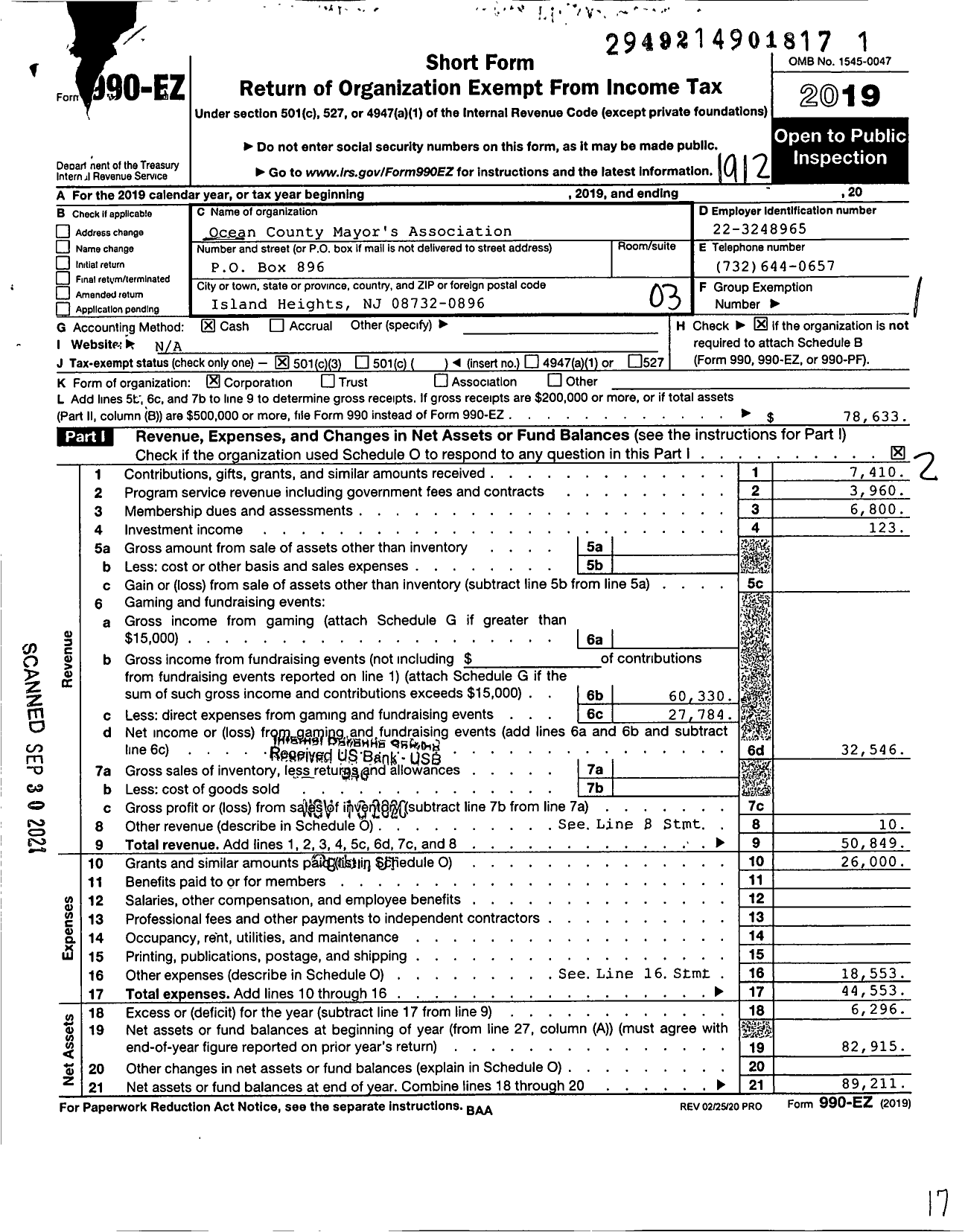 Image of first page of 2019 Form 990EZ for Ocean County Mayor's Association