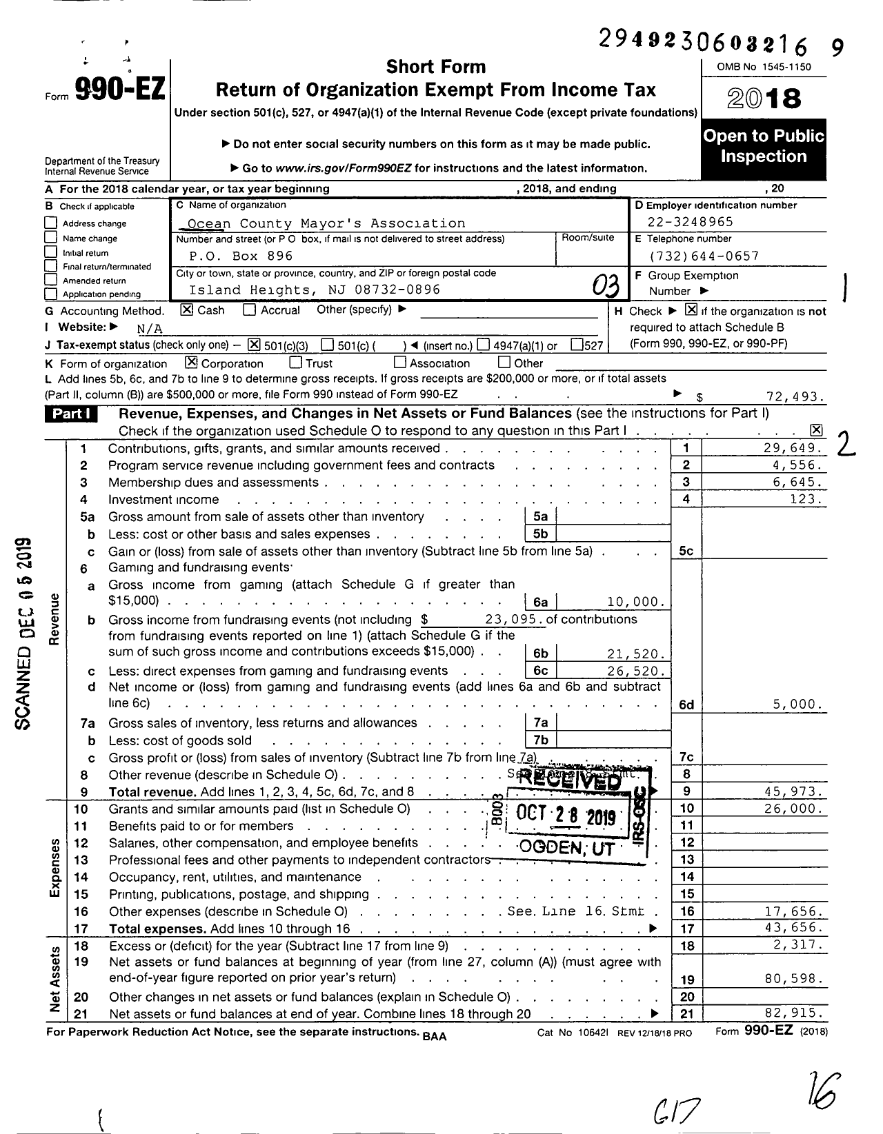 Image of first page of 2018 Form 990EZ for Ocean County Mayor's Association