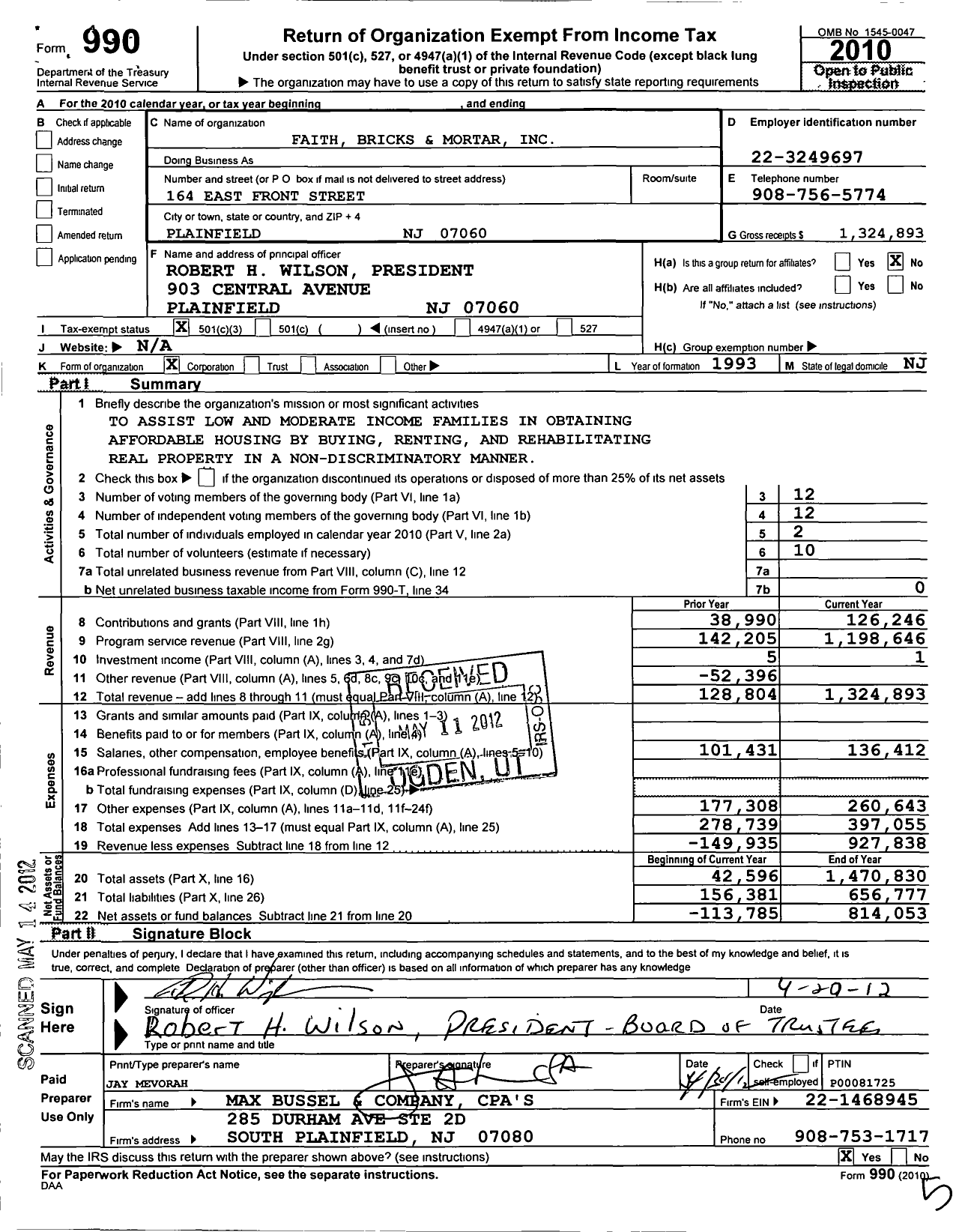 Image of first page of 2010 Form 990 for Faith Bricks and Mortar