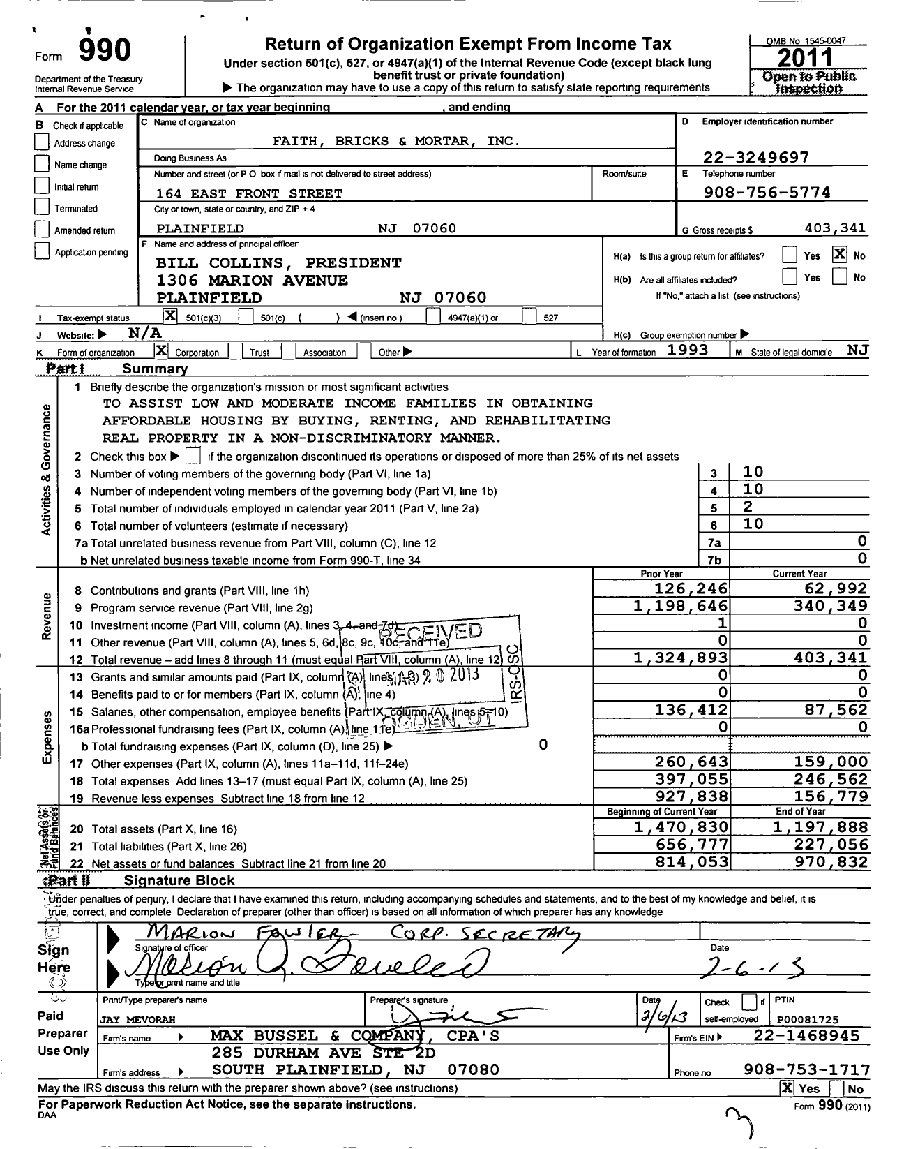 Image of first page of 2011 Form 990 for Faith Bricks and Mortar