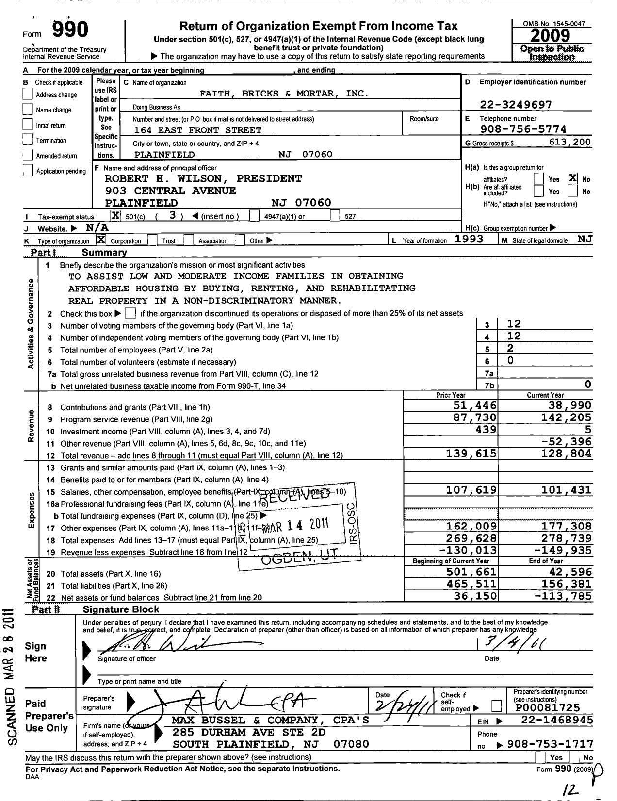 Image of first page of 2009 Form 990 for Faith Bricks and Mortar