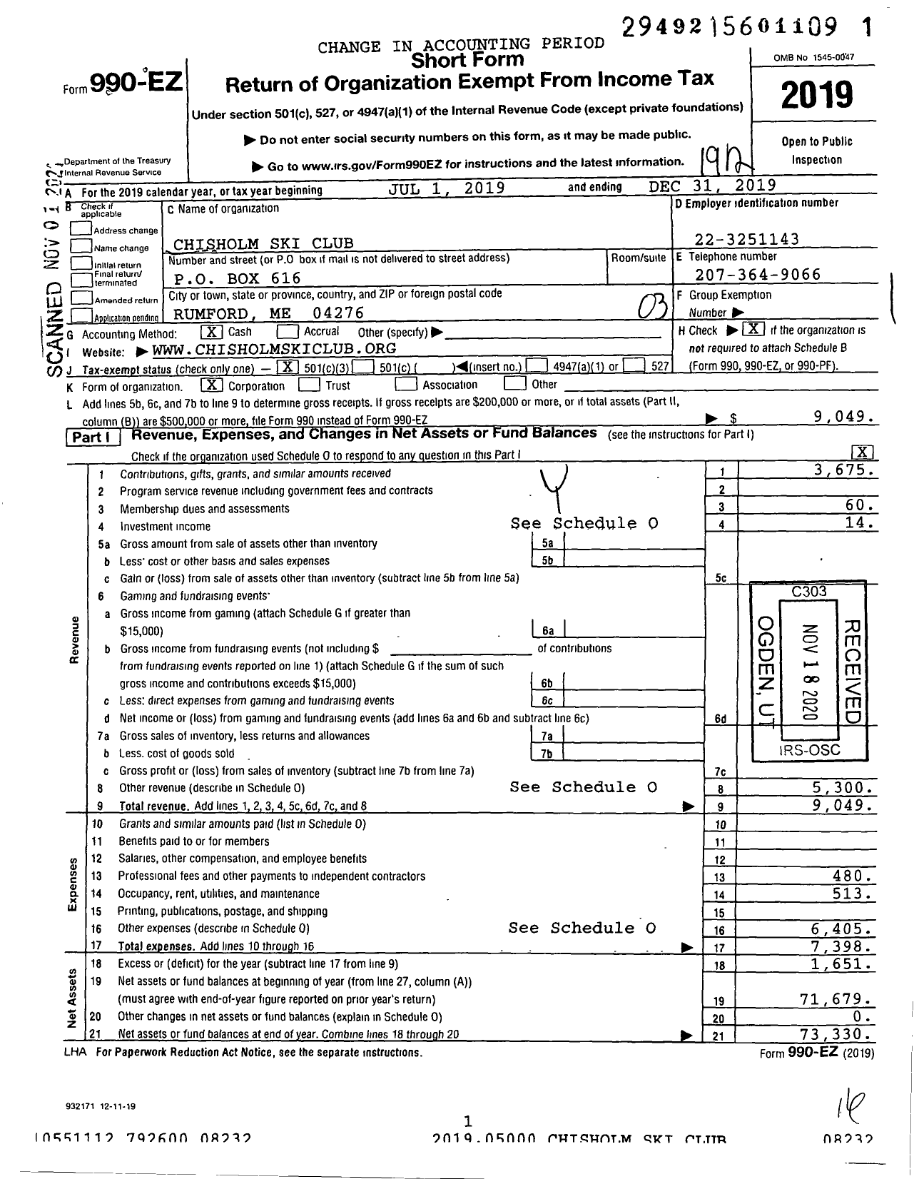 Image of first page of 2019 Form 990EZ for Chisholm Ski Club Association