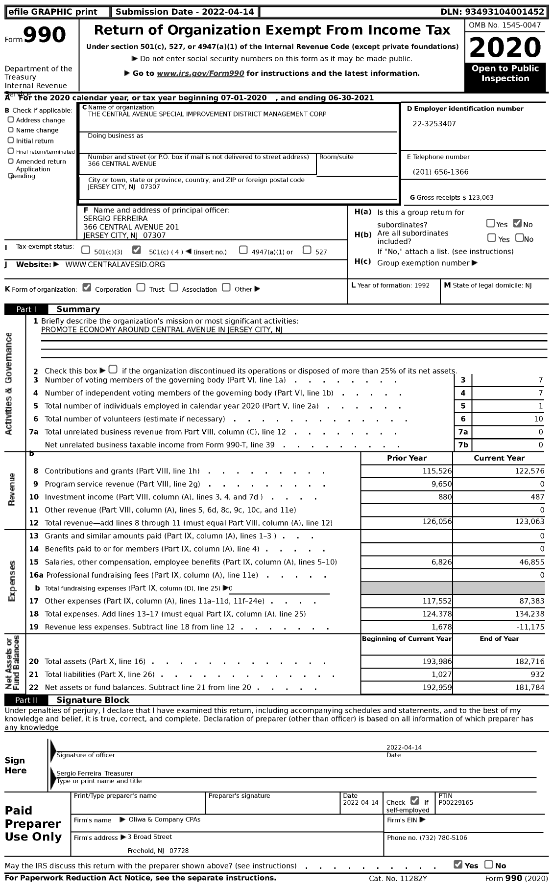 Image of first page of 2020 Form 990 for The Central Avenue Special Improvement District Management Corporation