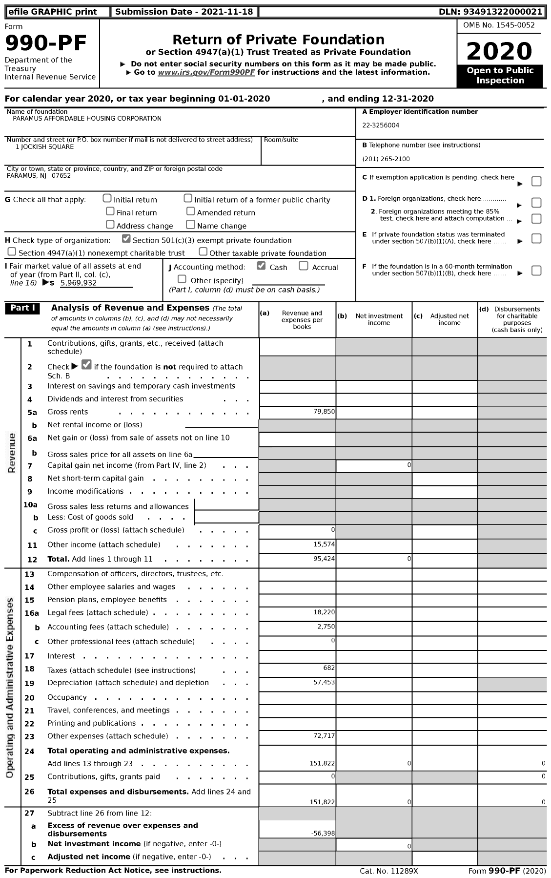 Image of first page of 2020 Form 990PF for Paramus Affordable Housing Corporation