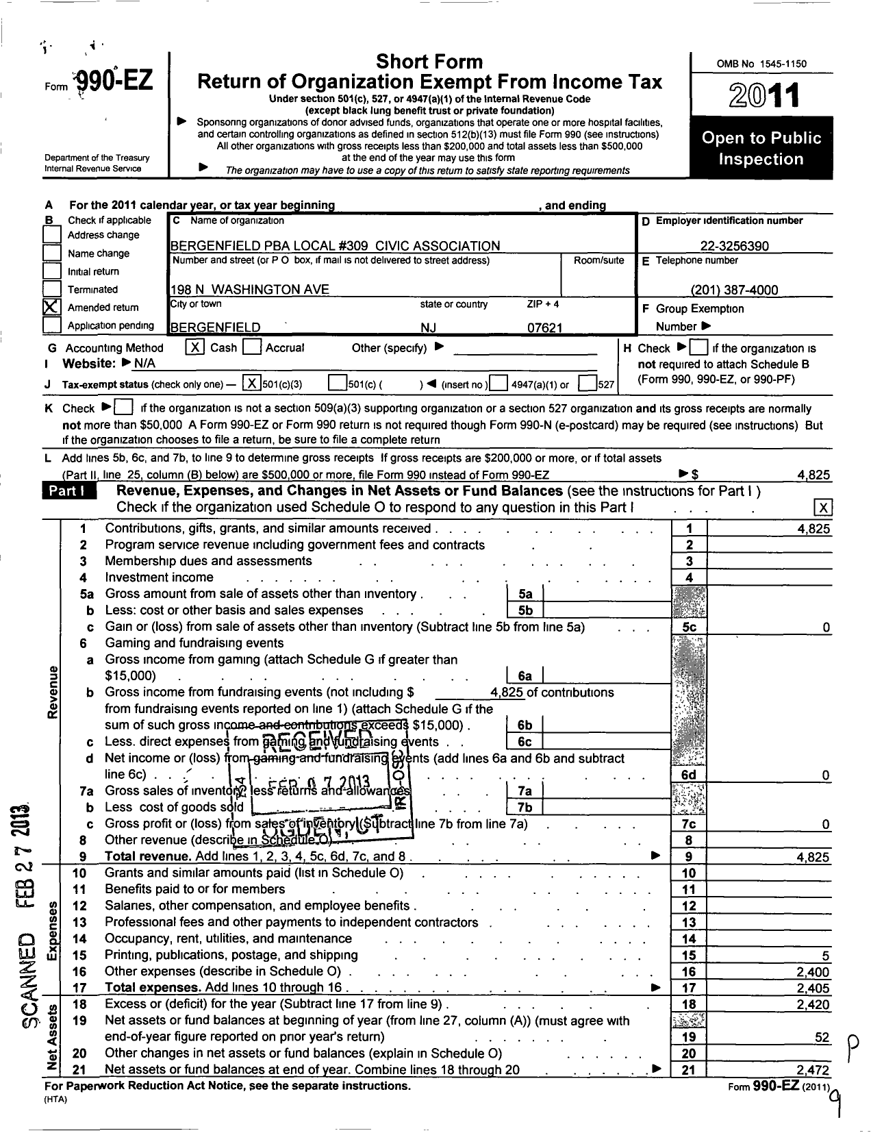 Image of first page of 2011 Form 990EZ for Bergenfield Pba Local 309 Civic Association