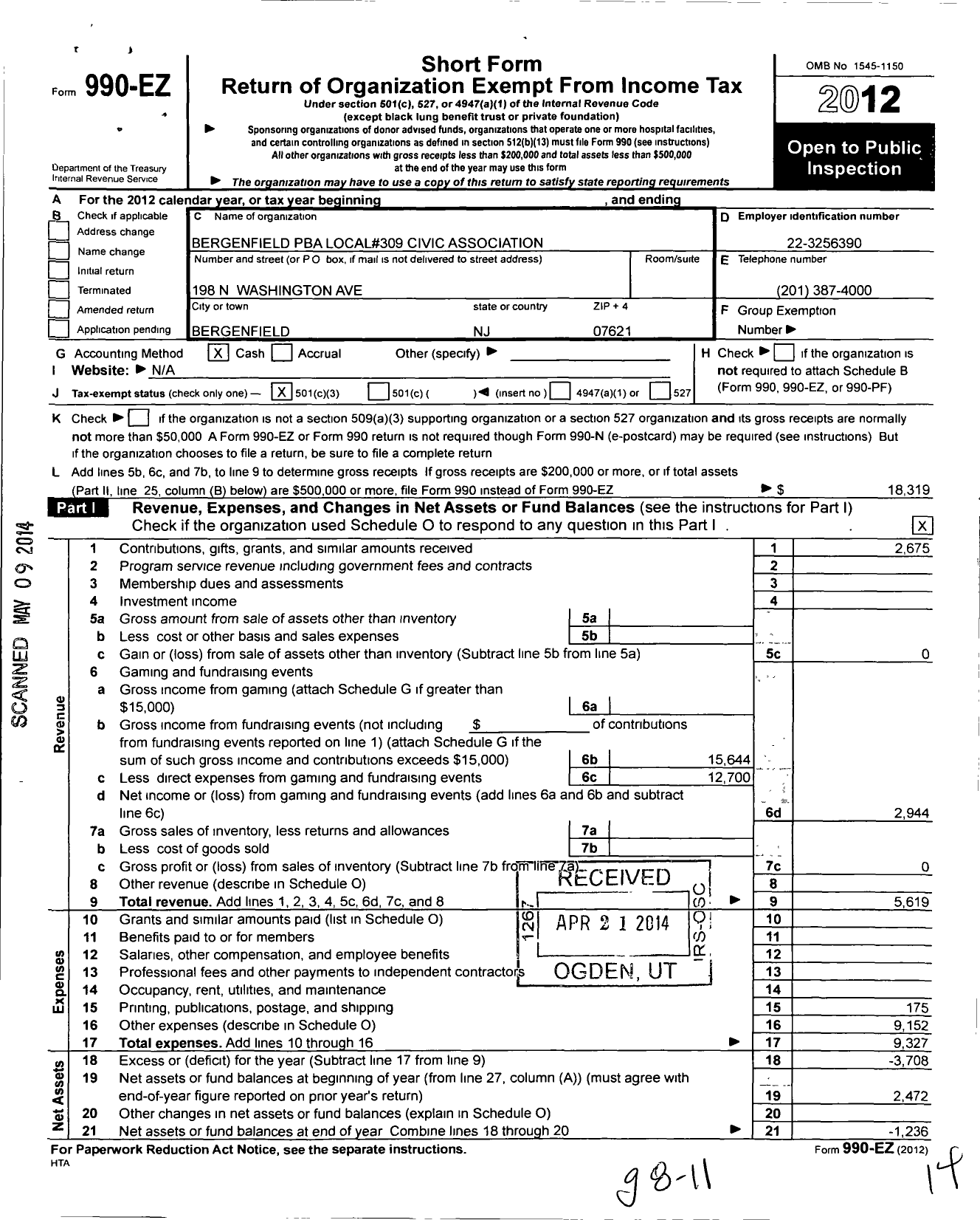 Image of first page of 2012 Form 990EZ for Bergenfield Pba Local 309 Civic Association