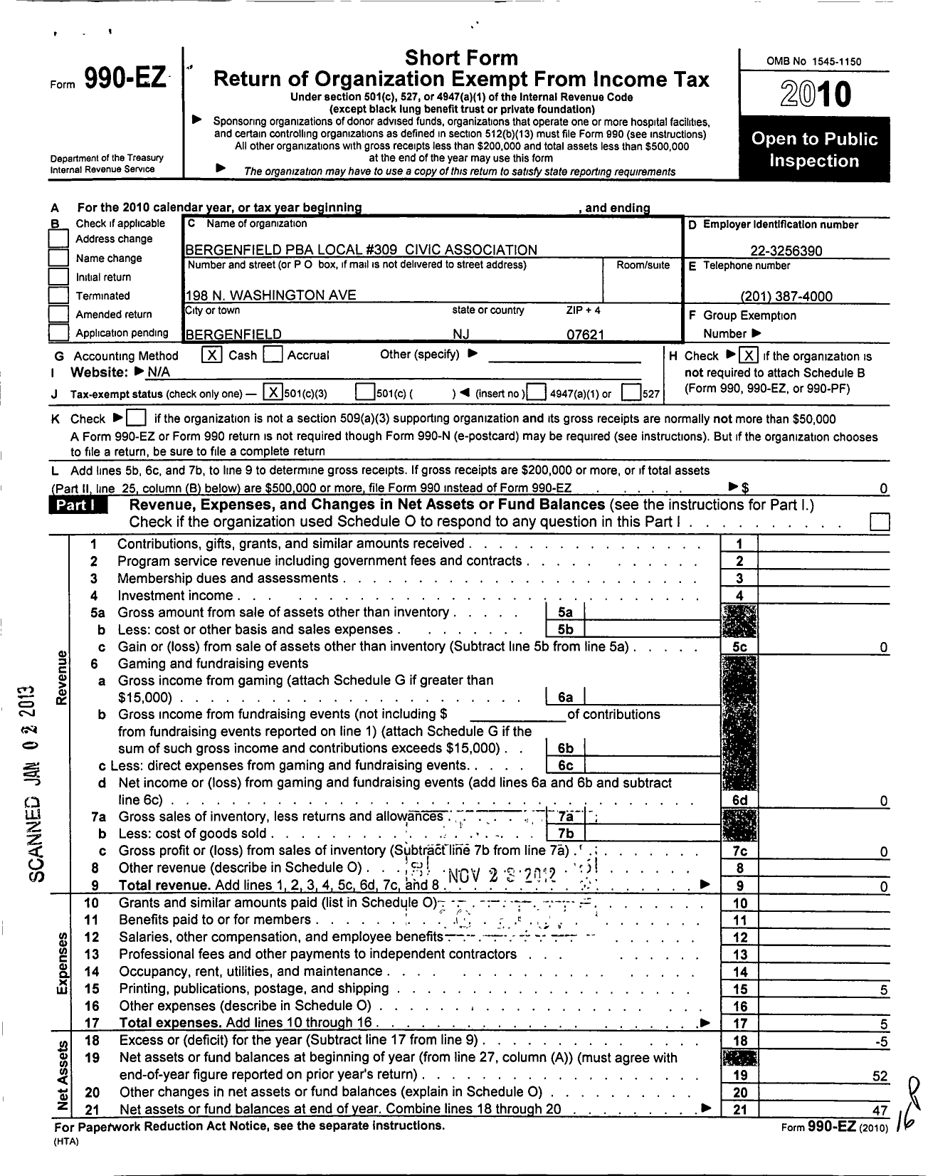 Image of first page of 2010 Form 990EZ for Bergenfield Pba Local 309 Civic Association