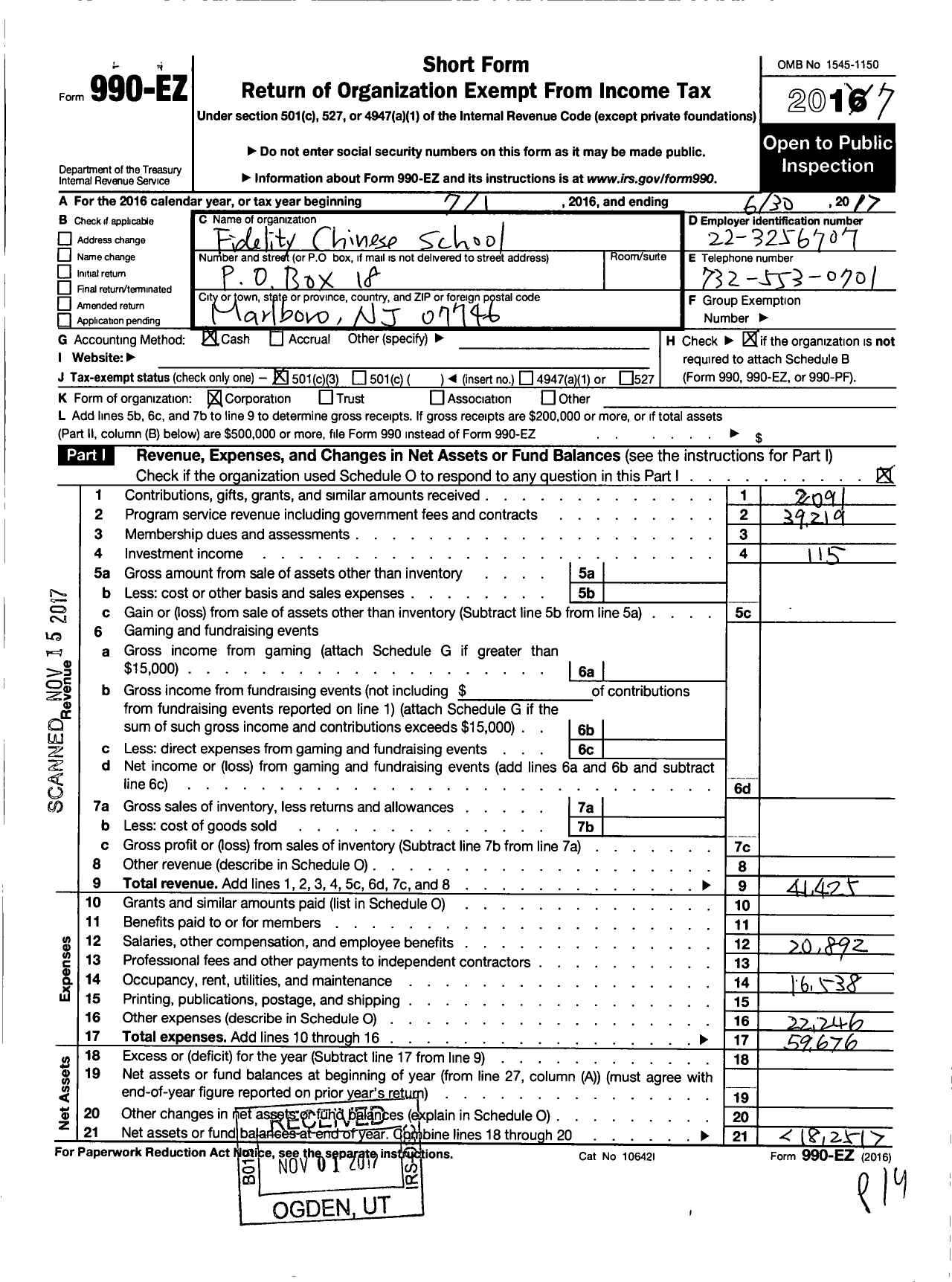 Image of first page of 2016 Form 990EZ for FIDELITY Chinese SCHOOL a k a Monmouth FIDELITY Chinese SCHOOL