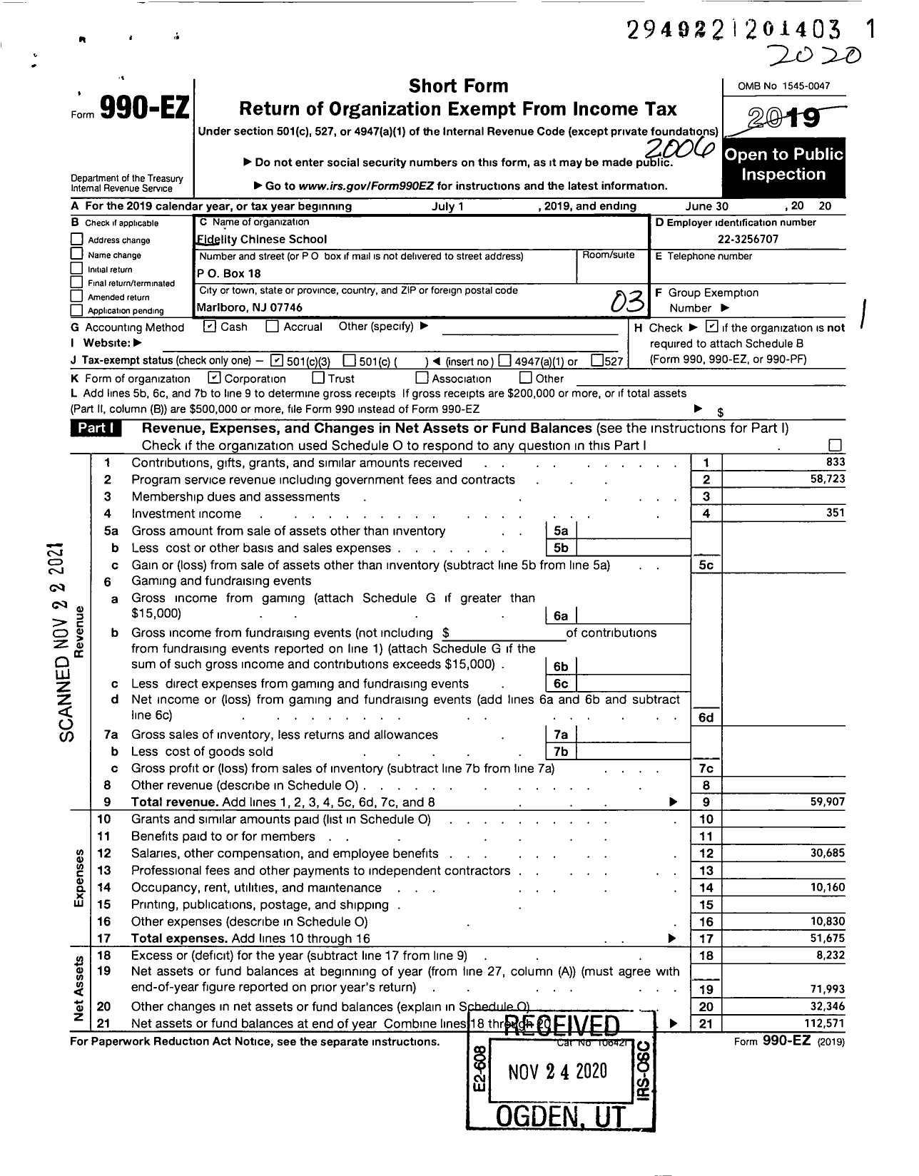 Image of first page of 2019 Form 990EZ for FIDELITY Chinese SCHOOL a k a Monmouth FIDELITY Chinese SCHOOL