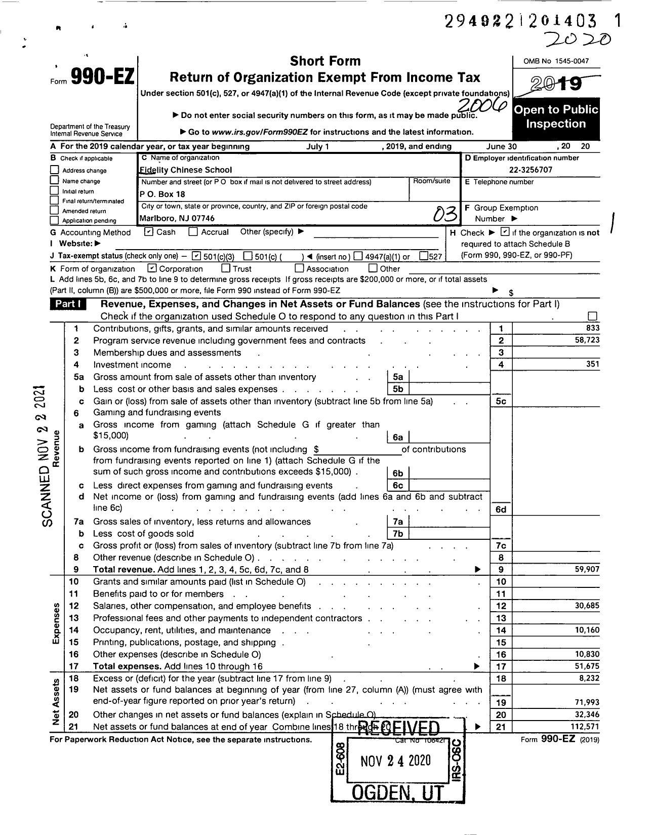 Image of first page of 2019 Form 990EZ for FIDELITY CHINESE School