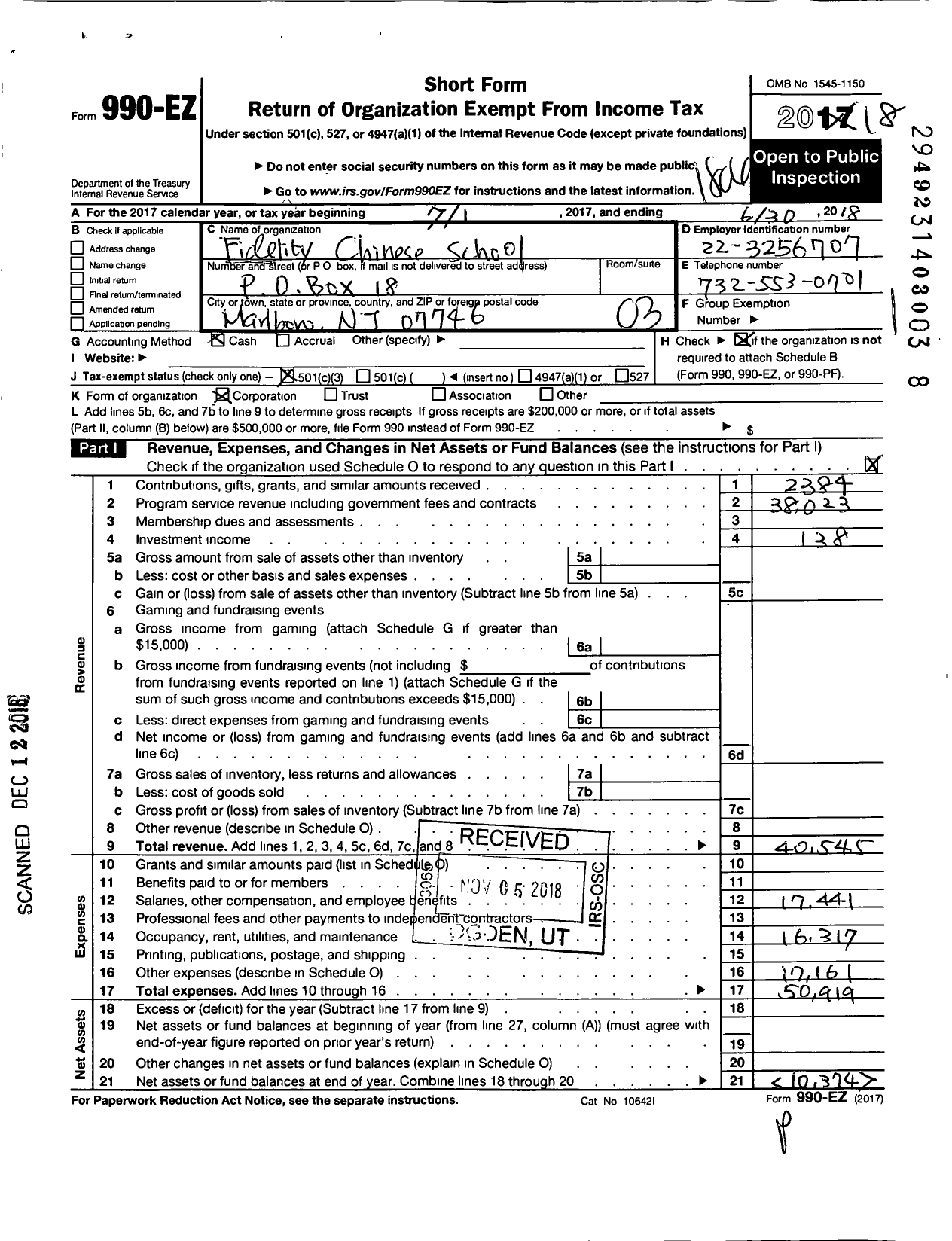 Image of first page of 2017 Form 990EZ for FIDELITY CHINESE School