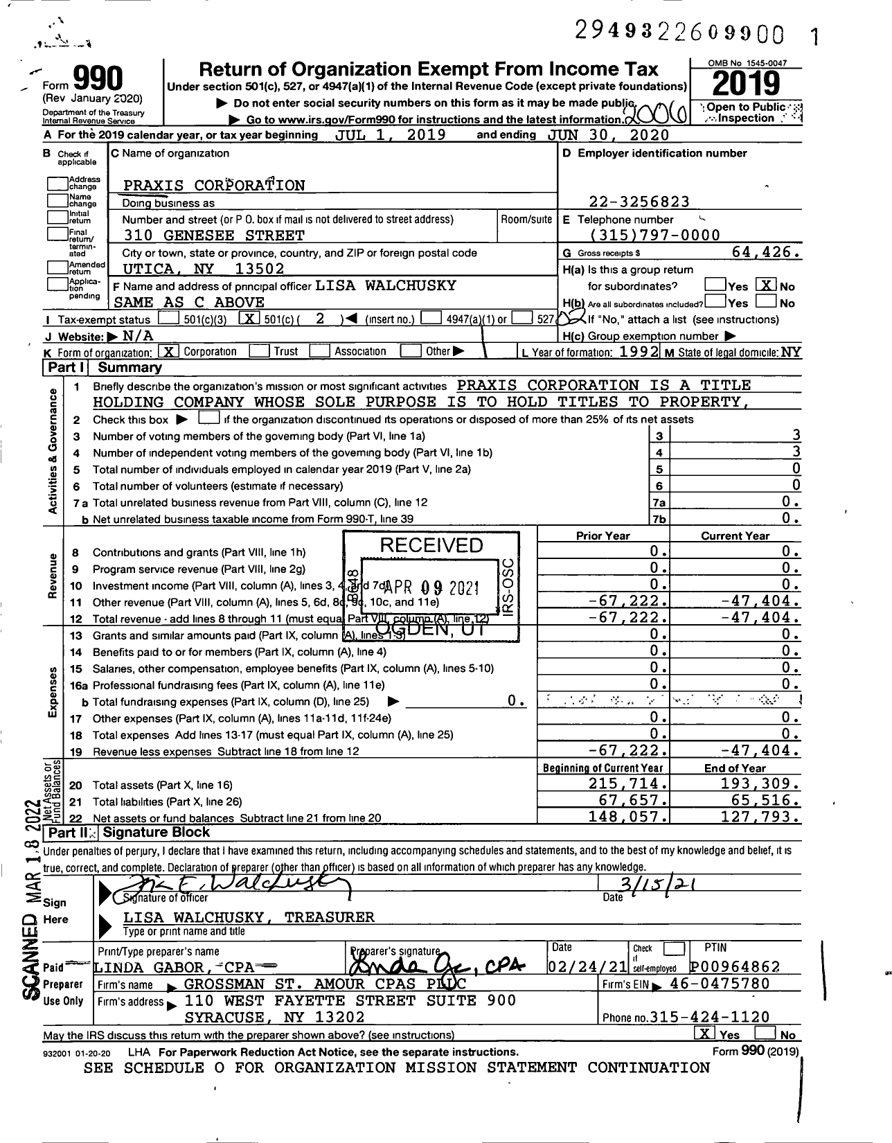 Image of first page of 2019 Form 990O for Praxis Corporation