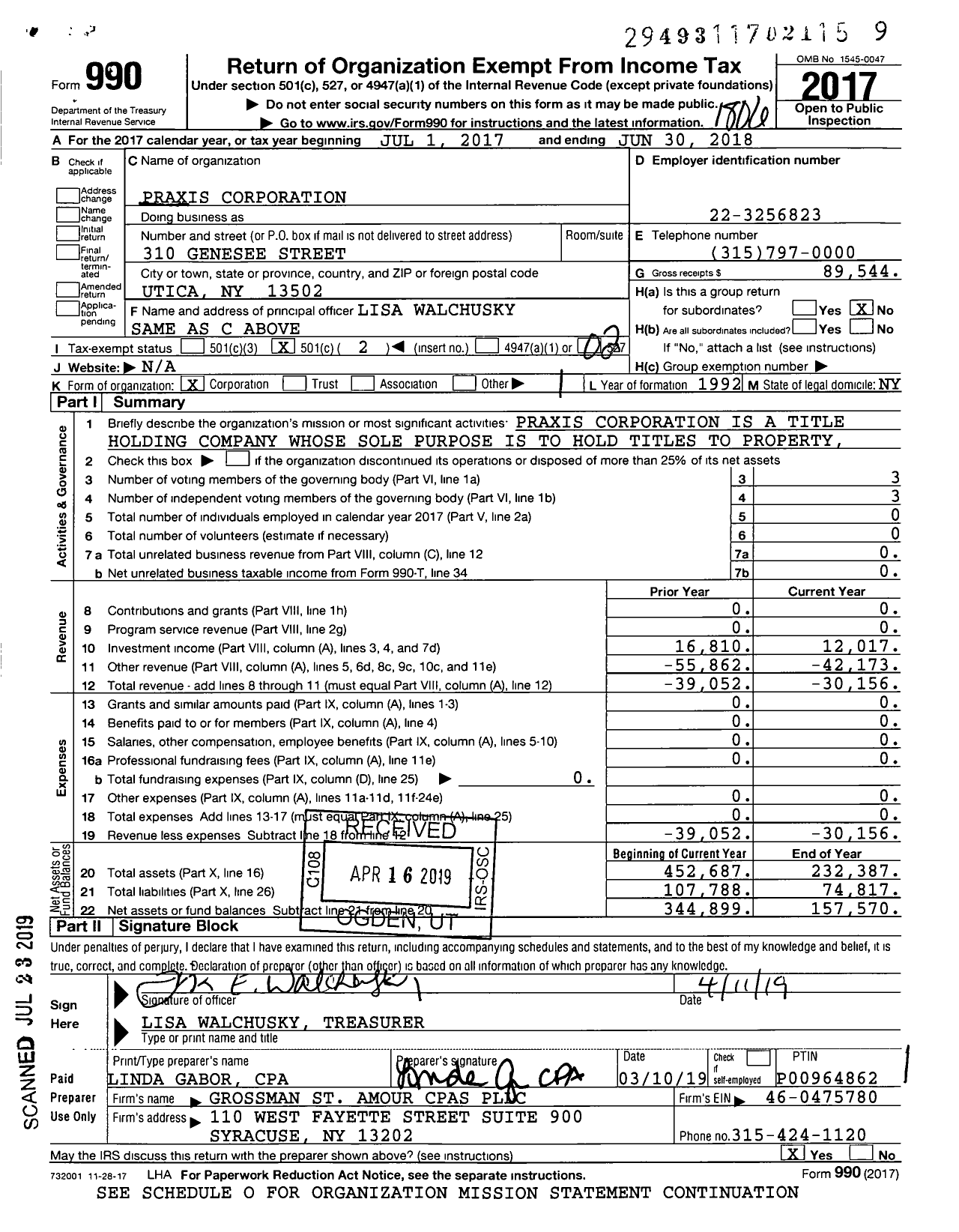 Image of first page of 2017 Form 990O for Praxis Corporation