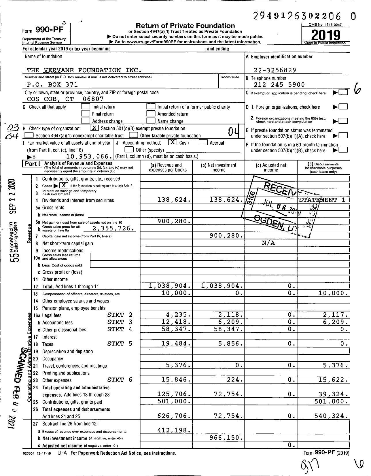 Image of first page of 2019 Form 990PF for The Vervane Foundation