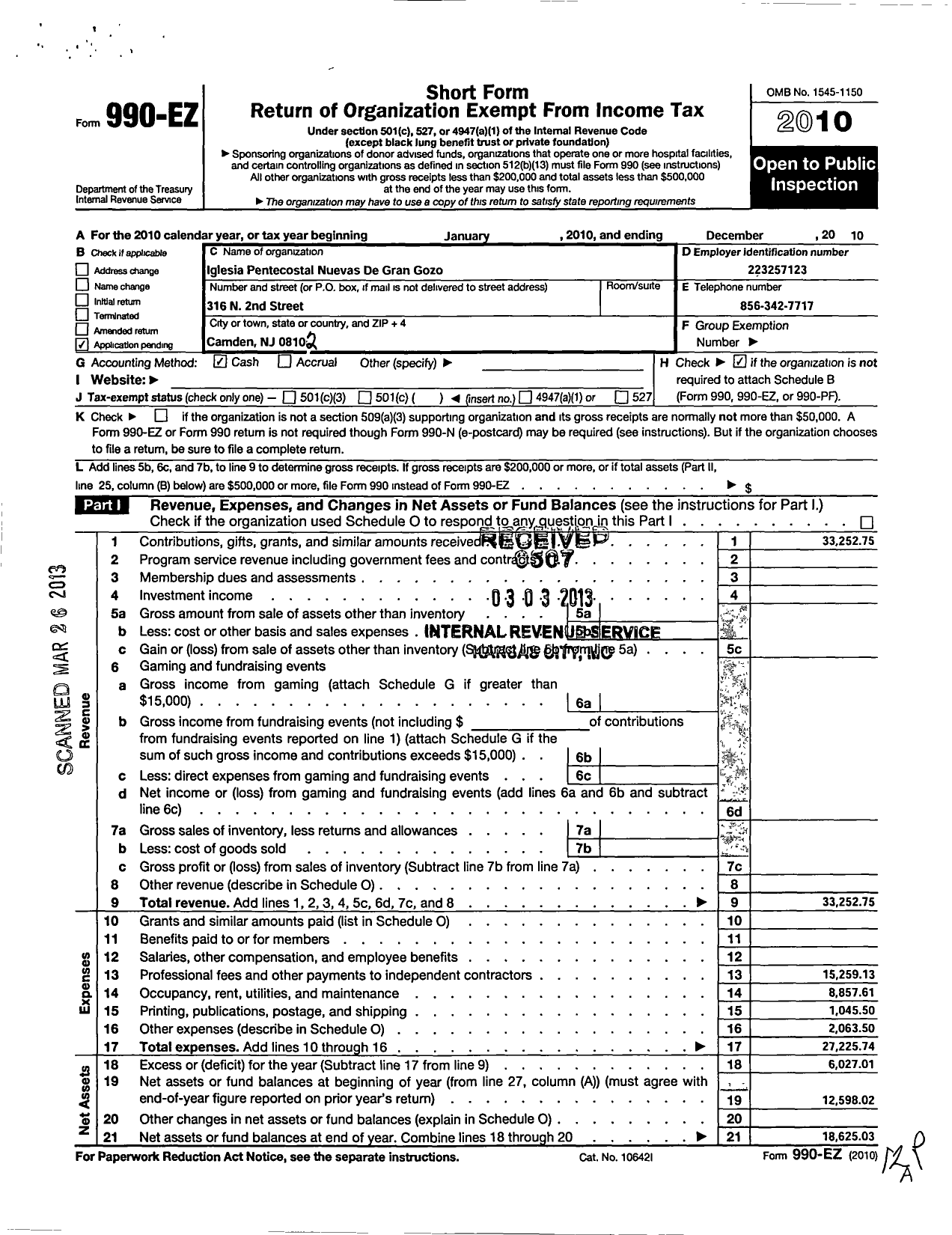 Image of first page of 2010 Form 990EO for Iglesia Pentecostal Nuevas de Gran Gozo