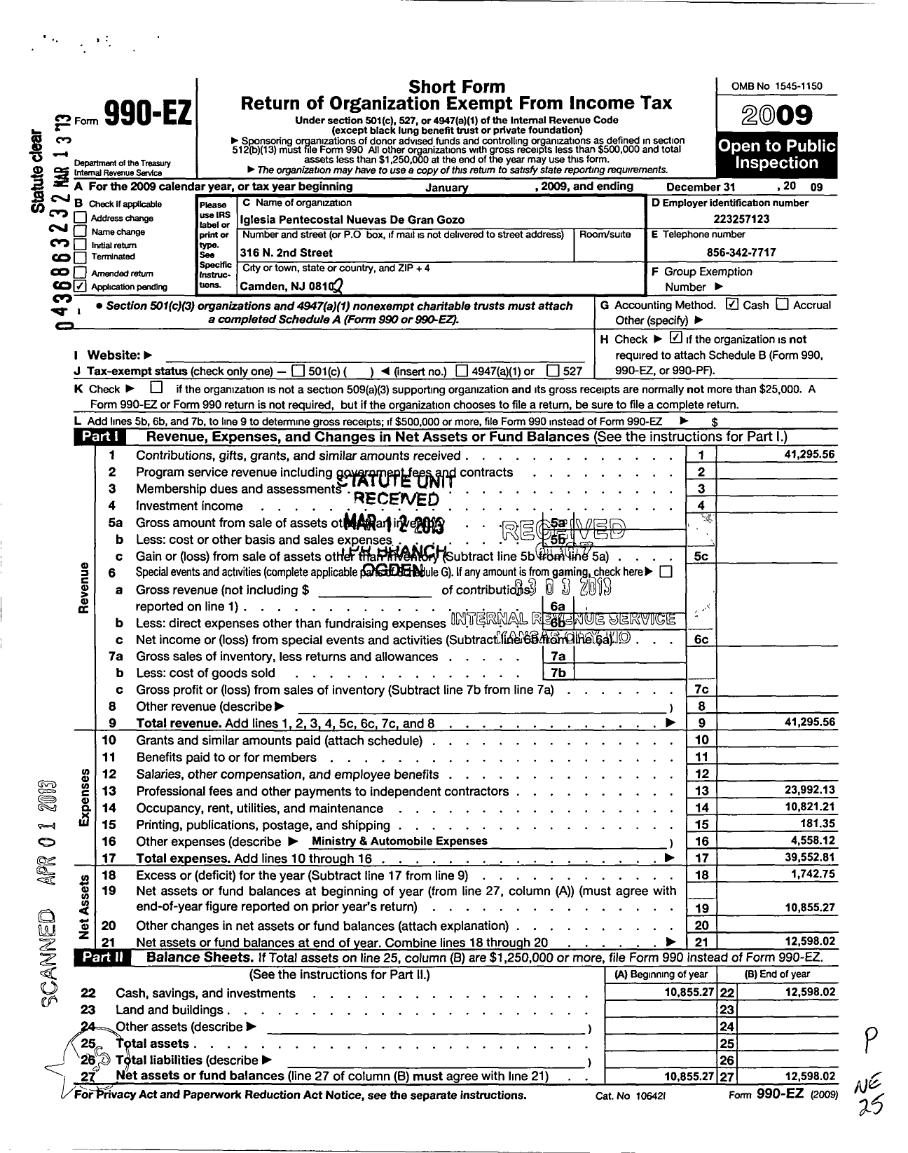 Image of first page of 2009 Form 990EO for Iglesia Pentecostal Nuevas de Gran Gozo