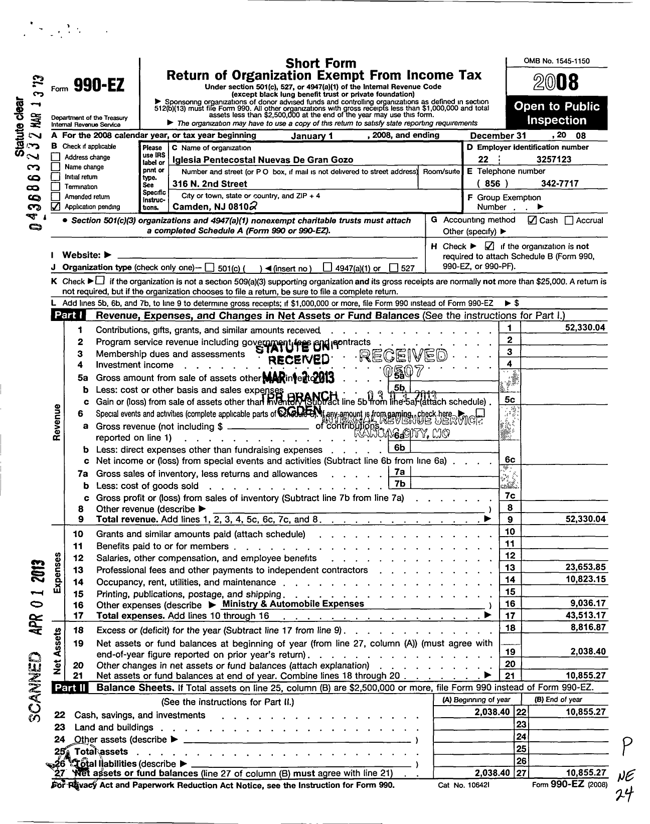 Image of first page of 2008 Form 990EO for Iglesia Pentecostal Nuevas de Gran Gozo