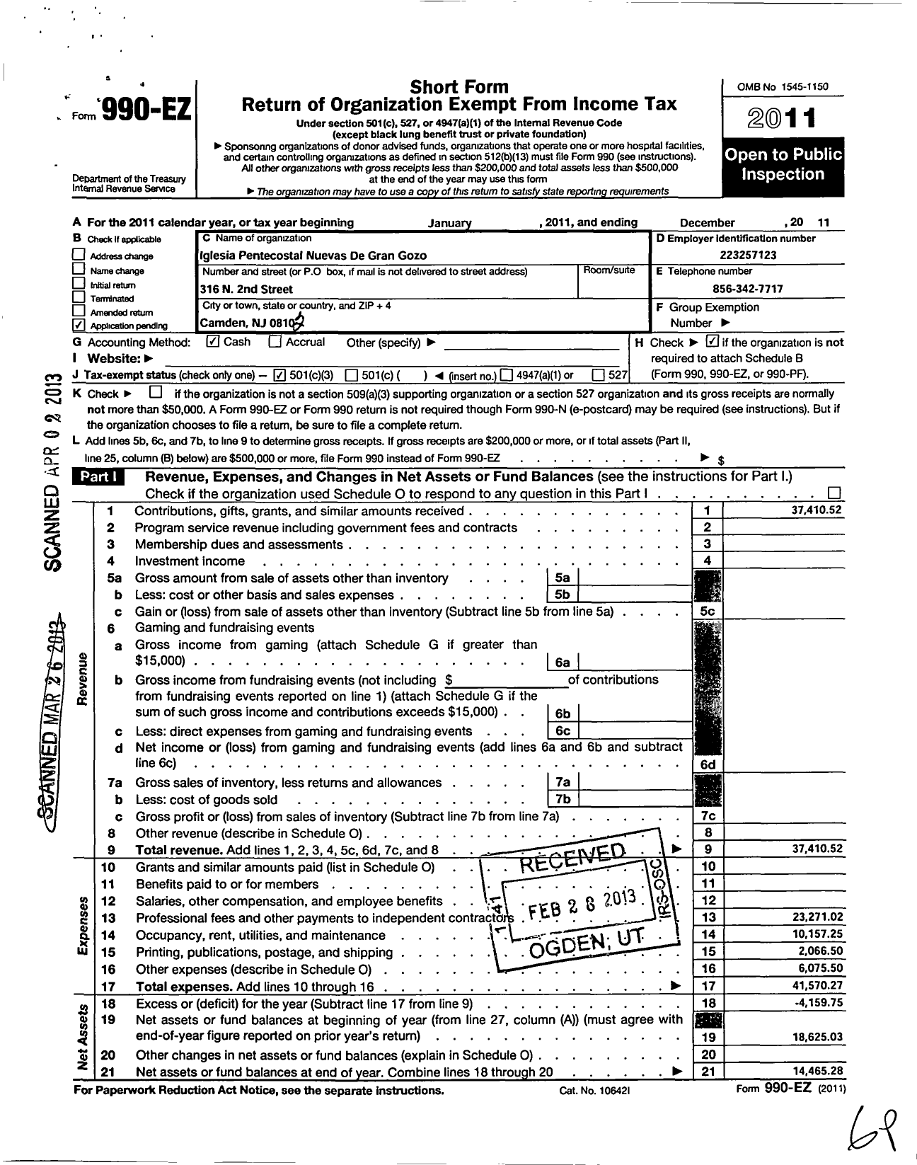 Image of first page of 2011 Form 990EZ for Iglesia Pentecostal Nuevas de Gran Gozo