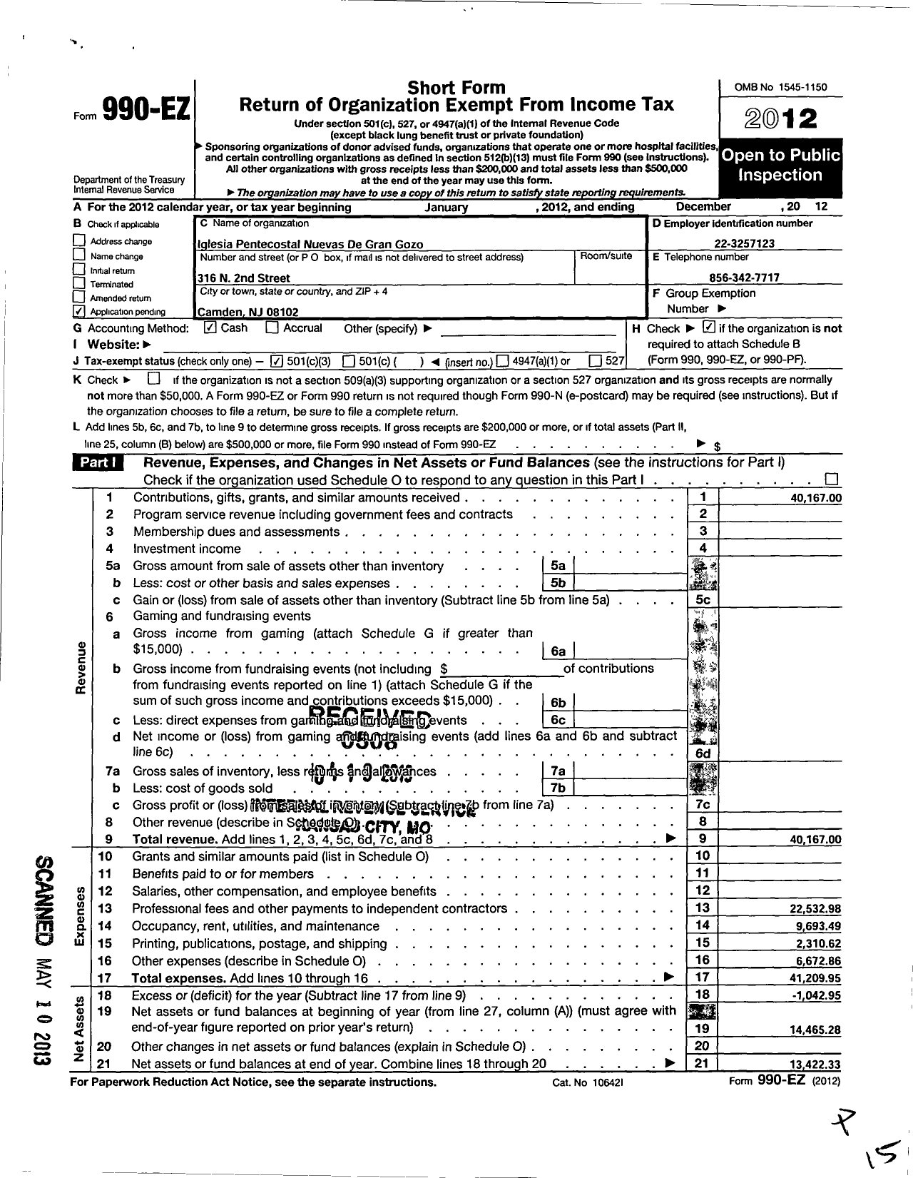 Image of first page of 2012 Form 990EZ for Iglesia Pentecostal Nuevas de Gran Gozo