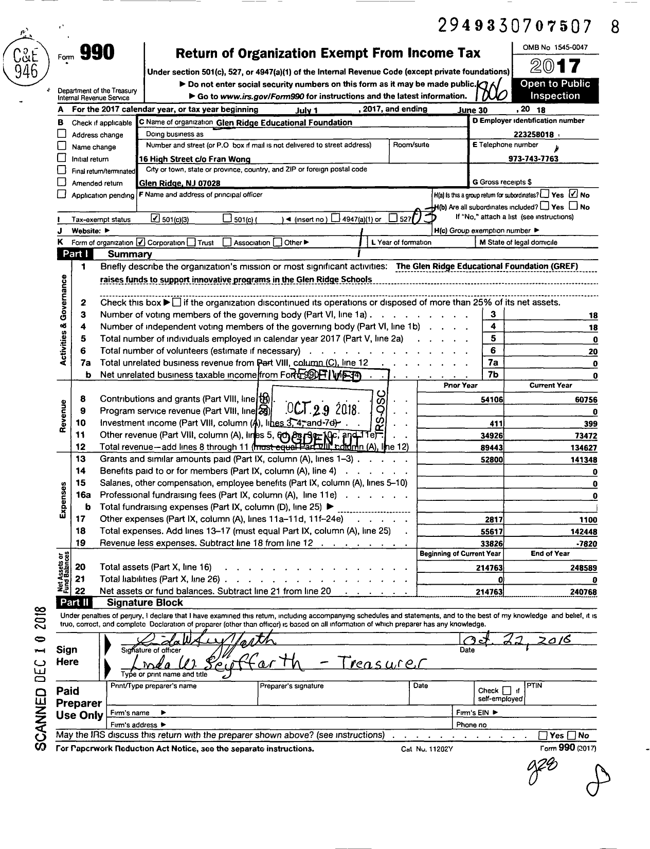 Image of first page of 2017 Form 990 for Glen Ridge Educational Foundation