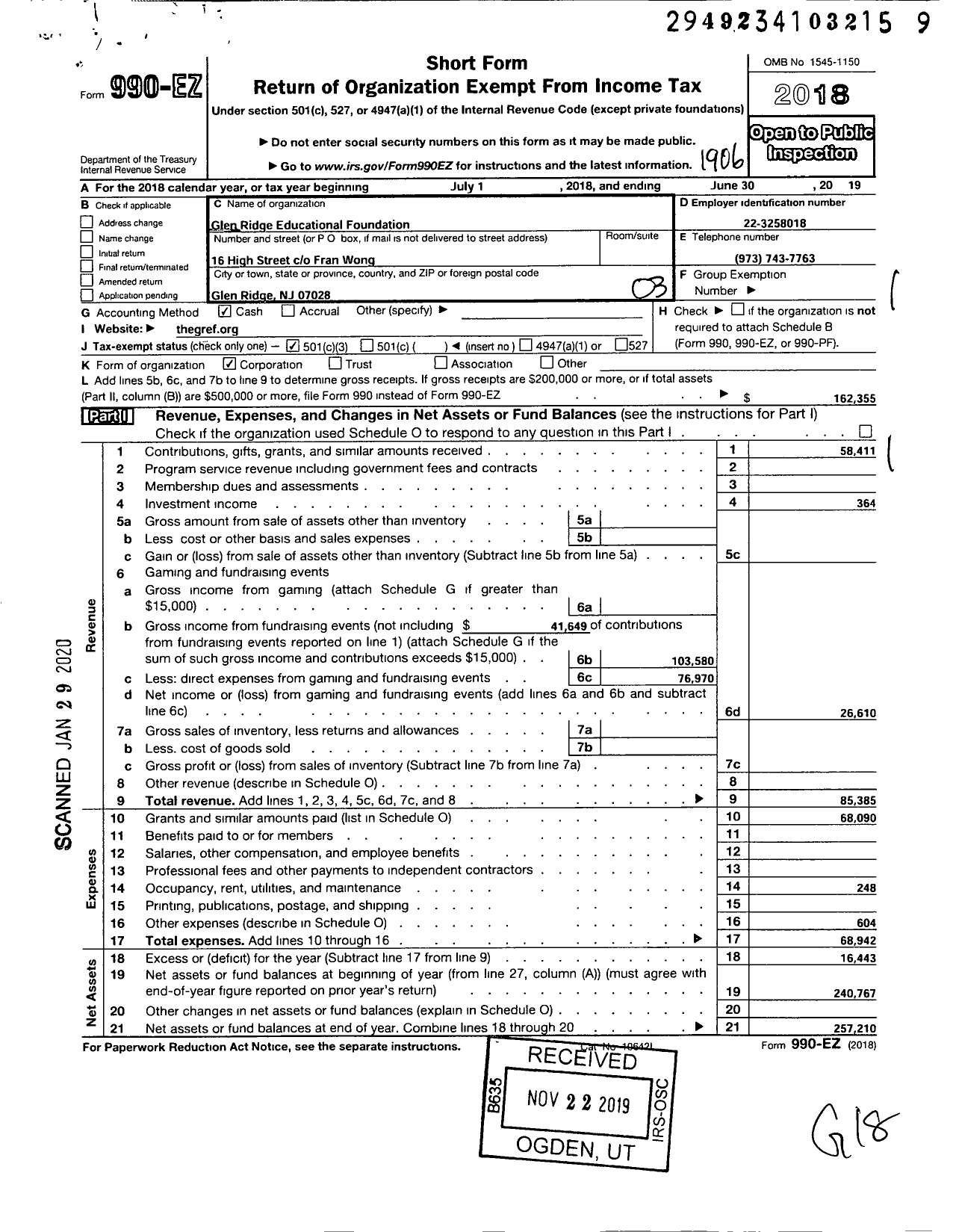 Image of first page of 2018 Form 990EZ for Glen Ridge Educational Foundation