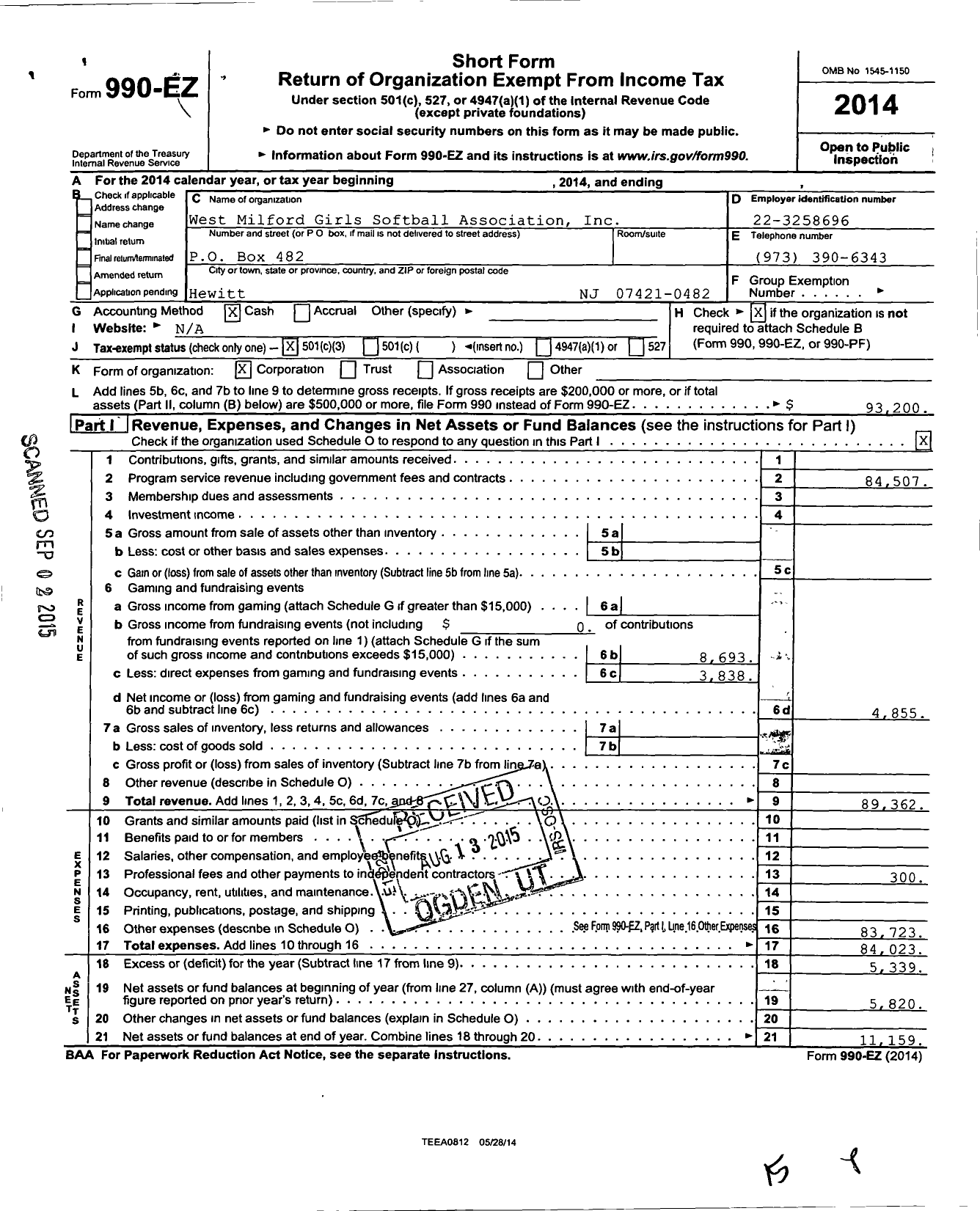 Image of first page of 2014 Form 990EZ for West Milford Girls Softball